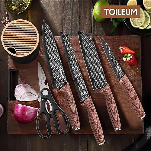 Miniatura 7 de Juego de cuchillos de cocina de 11 piezas, color negro, juego de cuchillos de chef de acero inoxidable antiadherente antioxidante con 6 protectores