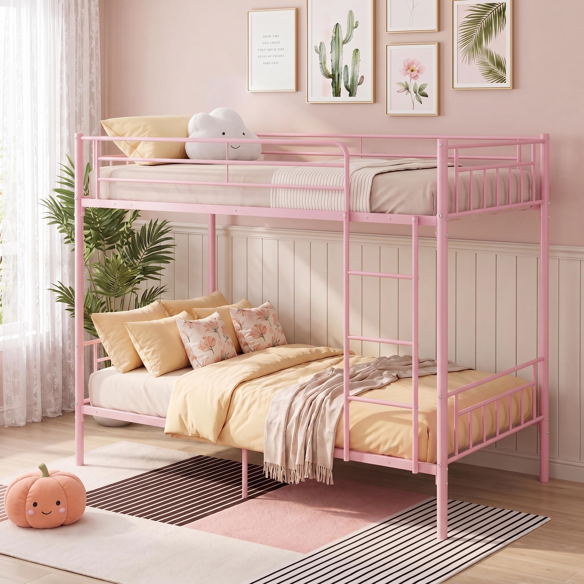Panana Twin Over Twin Steel Bunk Beds Frame with Ladder,3FT Single Metal Bunk Bed Bedroom Dorm Room for Kids Adult (Pink)