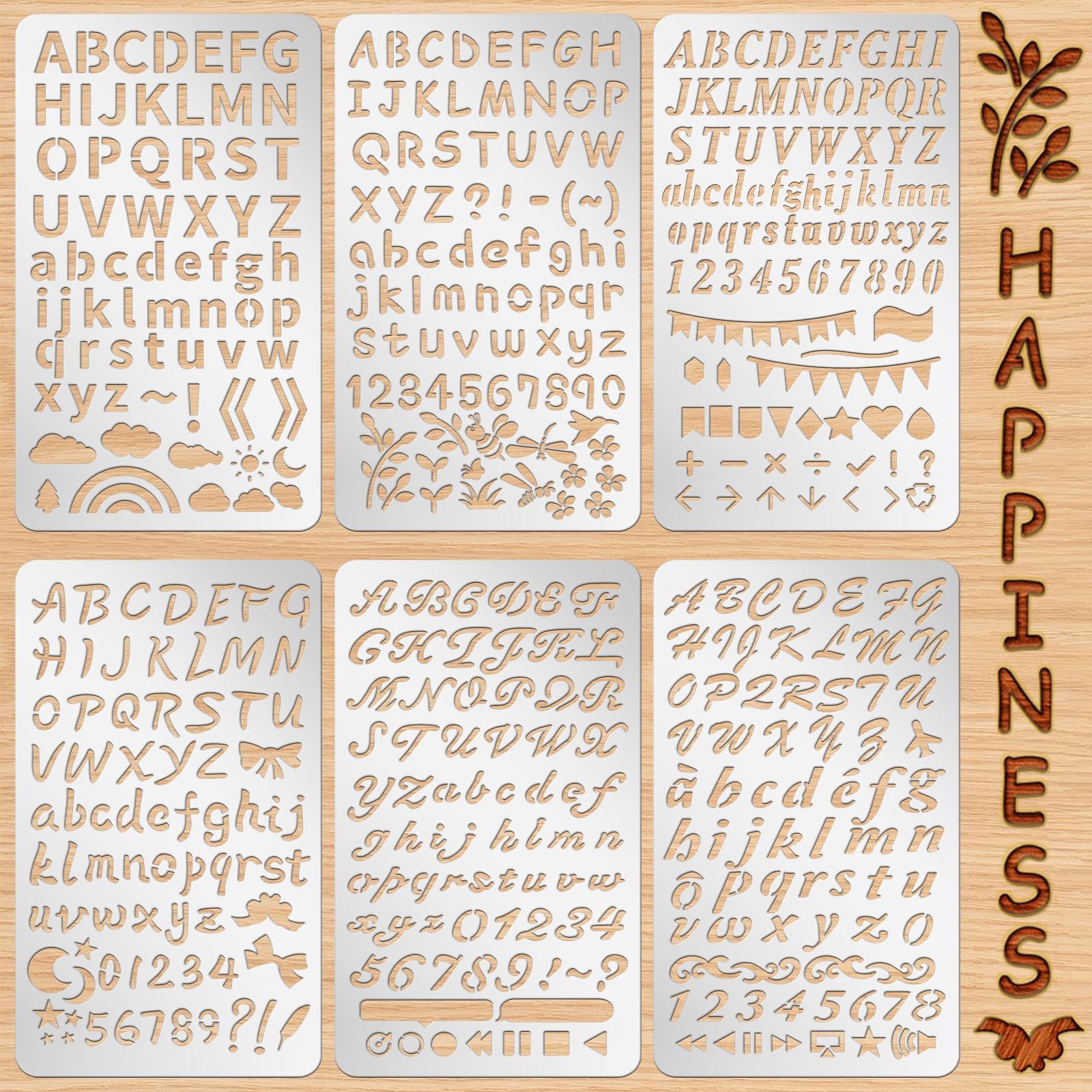 Lewtemi 6 Pcs Mixed Metal Stencil Wood Stencil Templates Stencils for Journaling Burning Stencils for Wood Carving Drawing Engraving Scrapbooking Journal Craft DIY(Letter Style)