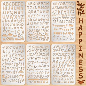 Lewtemi 6 Pcs Mixed Metal Stencil Wood Stencil Templates Stencils for Journaling Burning Stencils for Wood Carving Drawing Engraving Scrapbooking Journal Craft DIY Letter Style