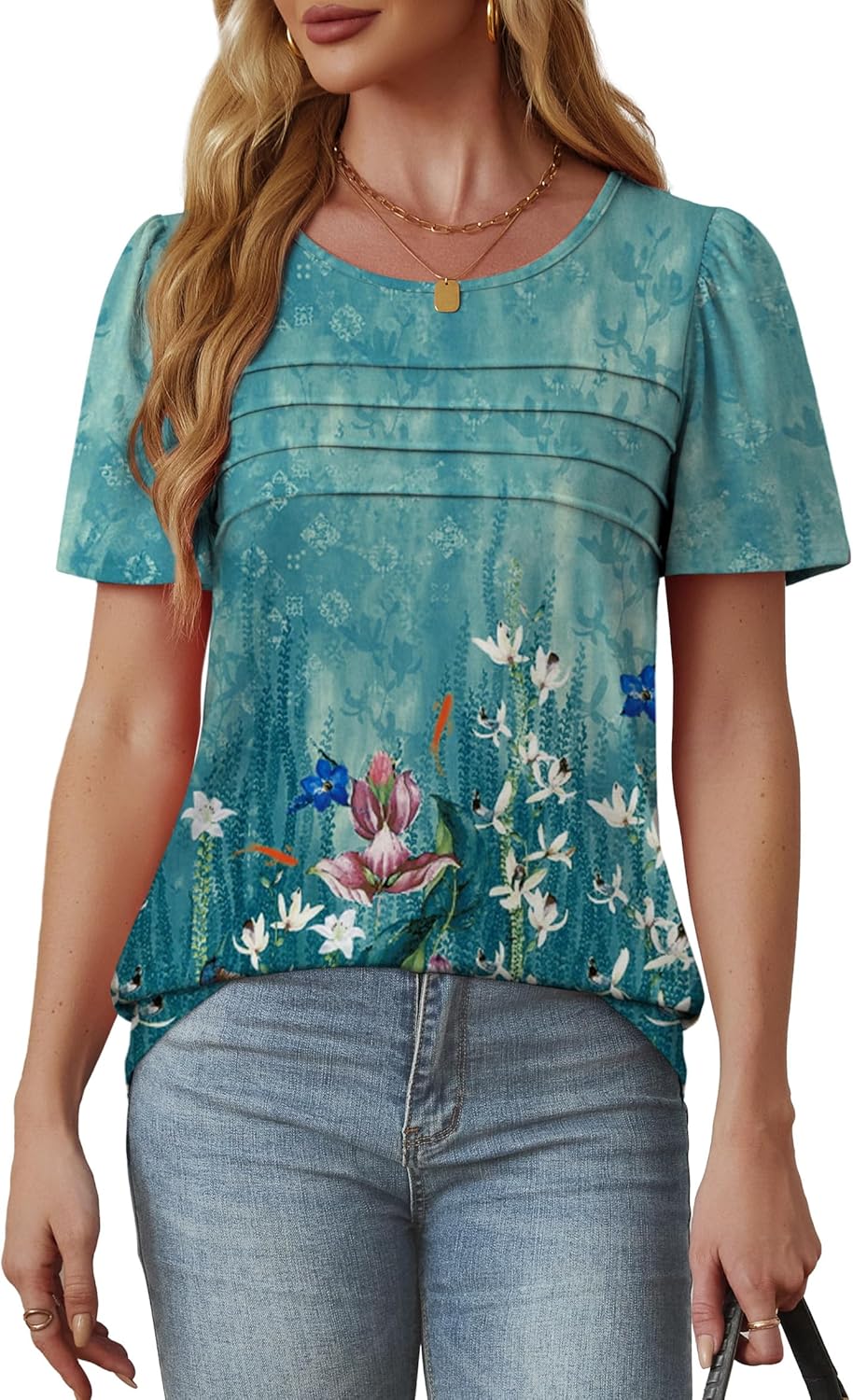 OFEEFAN Womens T Shirts Short Sleeve Tops Dressy Casual Blouses Spring Summer Outfits Flowy Pleated Front Scooped Neck - Image 3