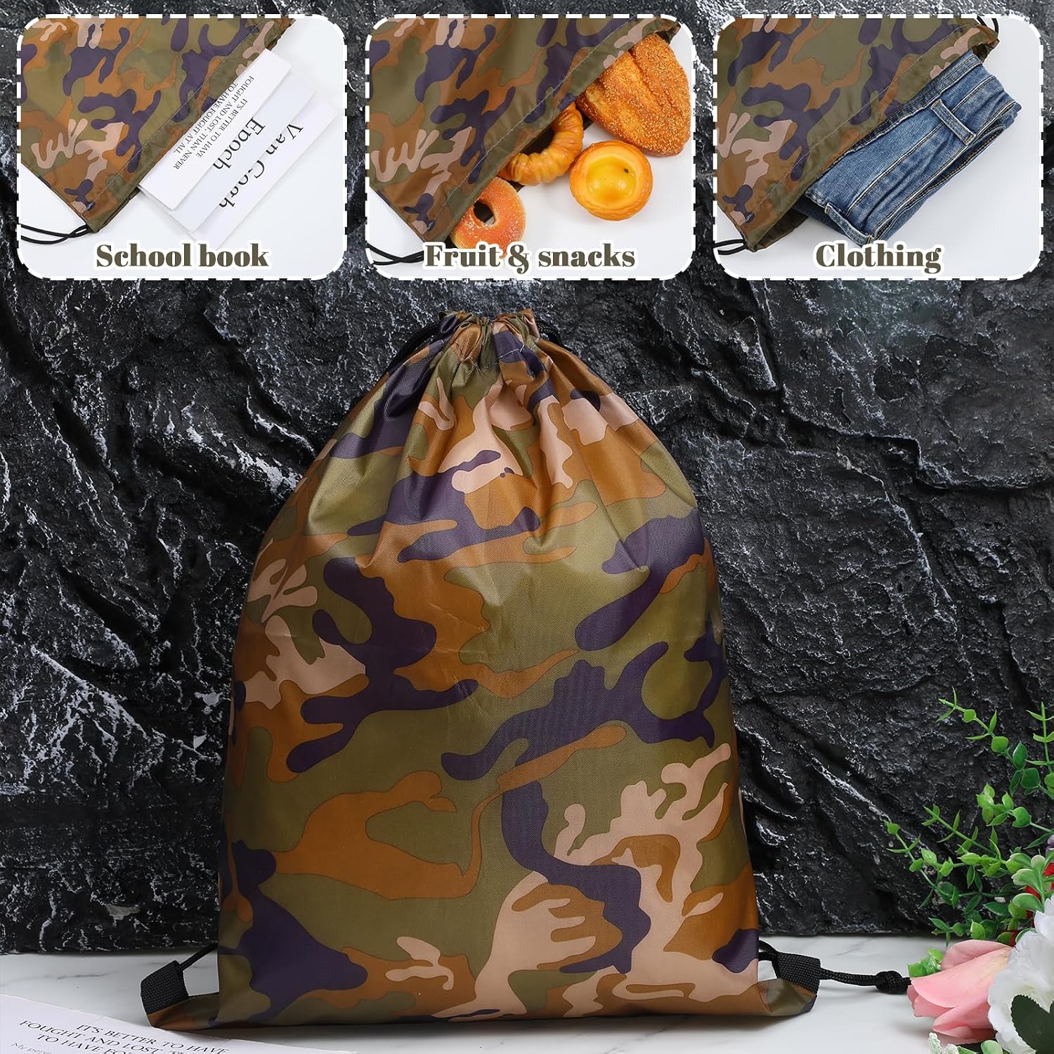 24 Pcs Camo Bag Waterproof Camo Drawstring Bags Bulk Large Army Lightweight Woodland Camouflage Drawstring Classic Gift Bags Army Party Favors Backpack String Bag Travel Gym Sport
