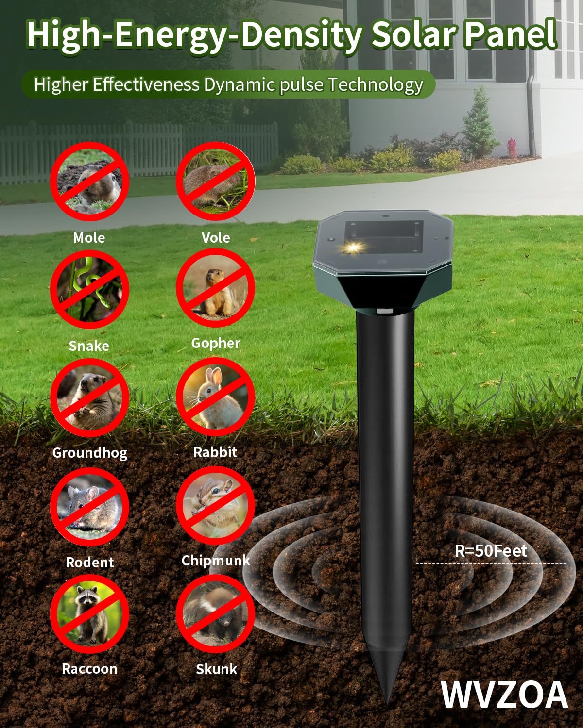 Snake & Mole & Rabbit & Skunk Repellent Solar Powered, 2026 Upgraded Ultrasonic Deterrent, IP65 Waterproof, Gopher Groundhog Chipmunk Raccoon and Vole Repellent & Deterrent for Lawn & Garden, 4 Pack