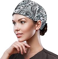Vista 8 de QBA Gorra de trabajo ajustable con botón, gorro de trabajo de algodón, banda elástica para atar en la espalda, para mujeres y hombres, talla única