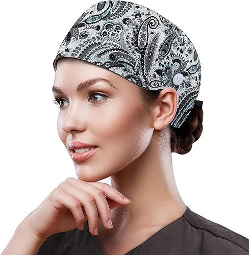 Miniatura 8 de QBA Adjustable Working Cap with Button, Cotton Working Hat Sweatband, Elastic Bandage Tie Back Hats for Women & Men, One