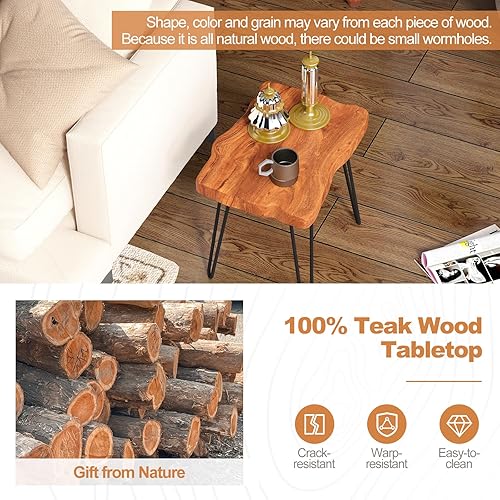 Miniatura 5 de Giantex Mesa auxiliar de madera de teca, mesa auxiliar sólida con borde vivo para exteriores con grano natural y patas de metal resistente, soporte