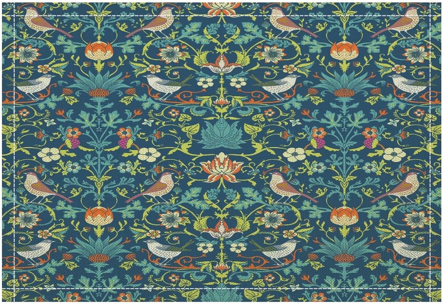 William Morris Print Placemats Set of 6, Retro Floral Vintage Style Plate Mats, Floral Bird Strawberry Thief Table Placemats for Home Kitchen Dining Decoration 12X18inch