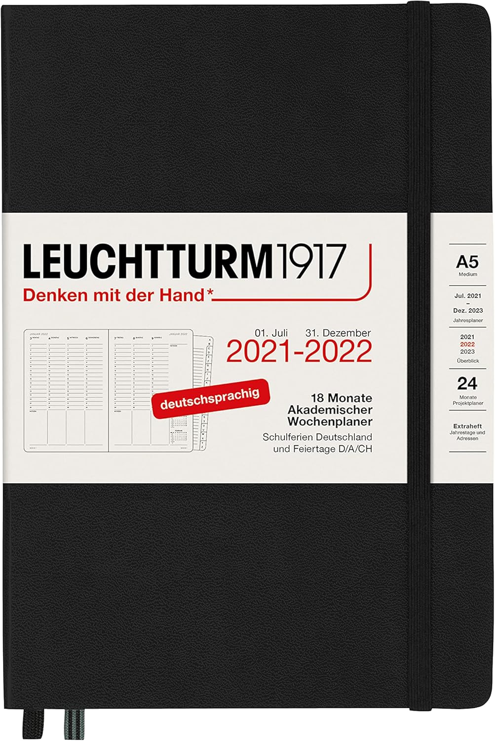 LEUCHTTURM1917 363657 Academic Weekly Planner 2022 Hardcover Medium (A5), 18 Months, Stone Blue, German