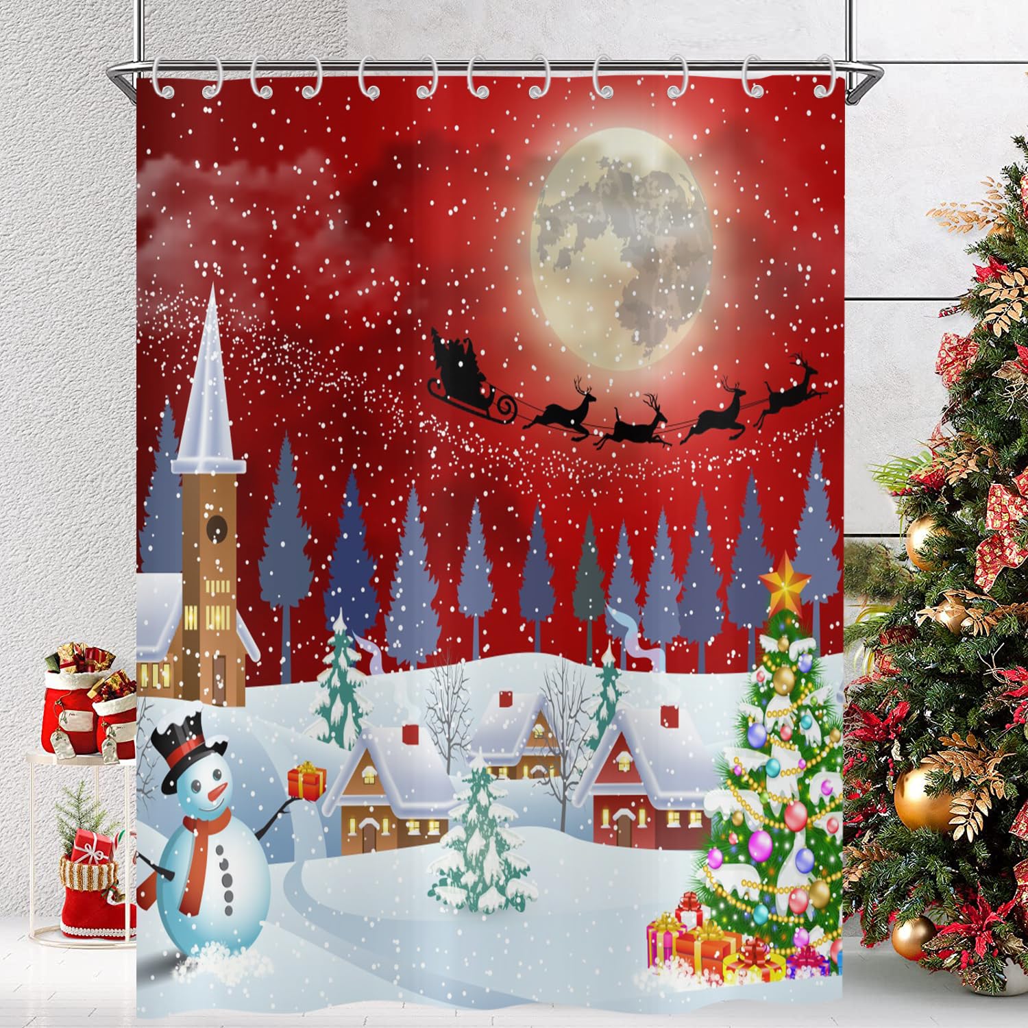 Hnmdmyi Christmas Shower Curtain 180x220, Winter Landscape Moon Snowman Xmas Tree Holiday Red White Bathroom Curtains with Hooks Waterproof Polyester Fabric Washable Bath Curtains for Wet Room