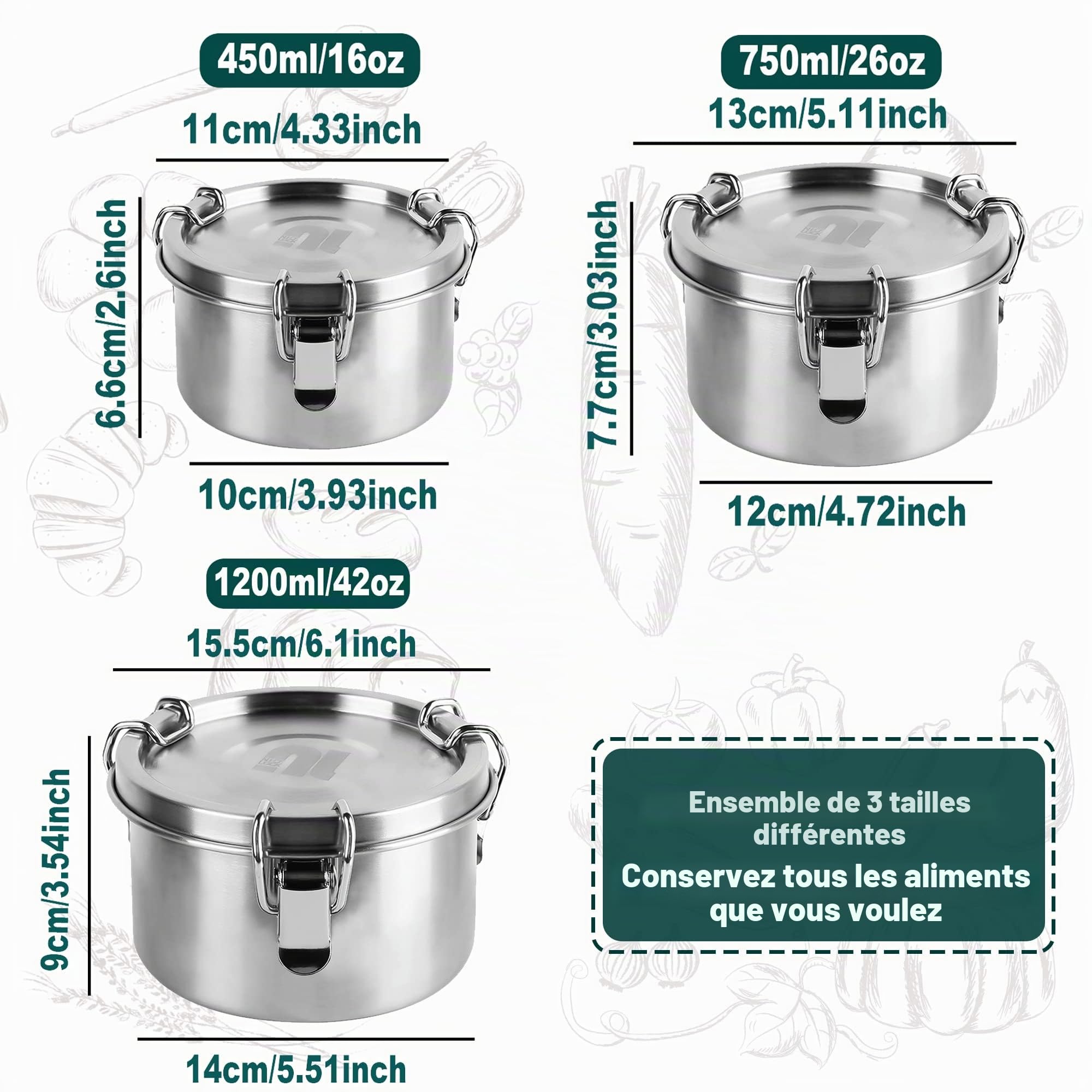 nicelock Lot de 3 boîtes de conservation hermétiques Récipients Alimentaires en Acier Inoxydable avec Couvercles Hermétiques Boîtes 450ml + 750ml + 1200ml