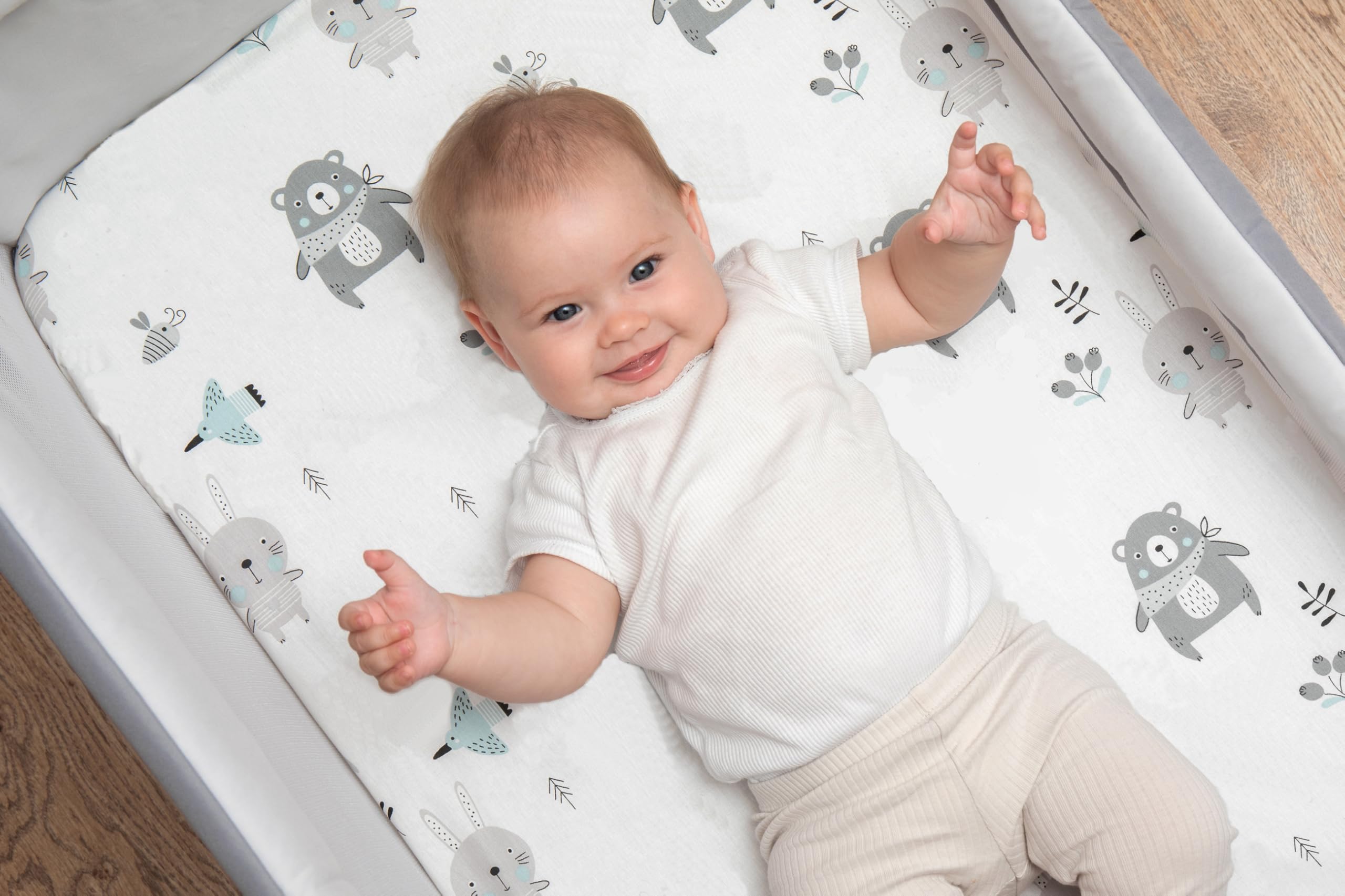 Lenzuolo con angoli, 50 x 89 cm (X2), 100% cotone, Oeko-Tex – 2 lenzuola compatibili con Babybay, morbido e traspirante (animali blu, 50 x 89 cm)