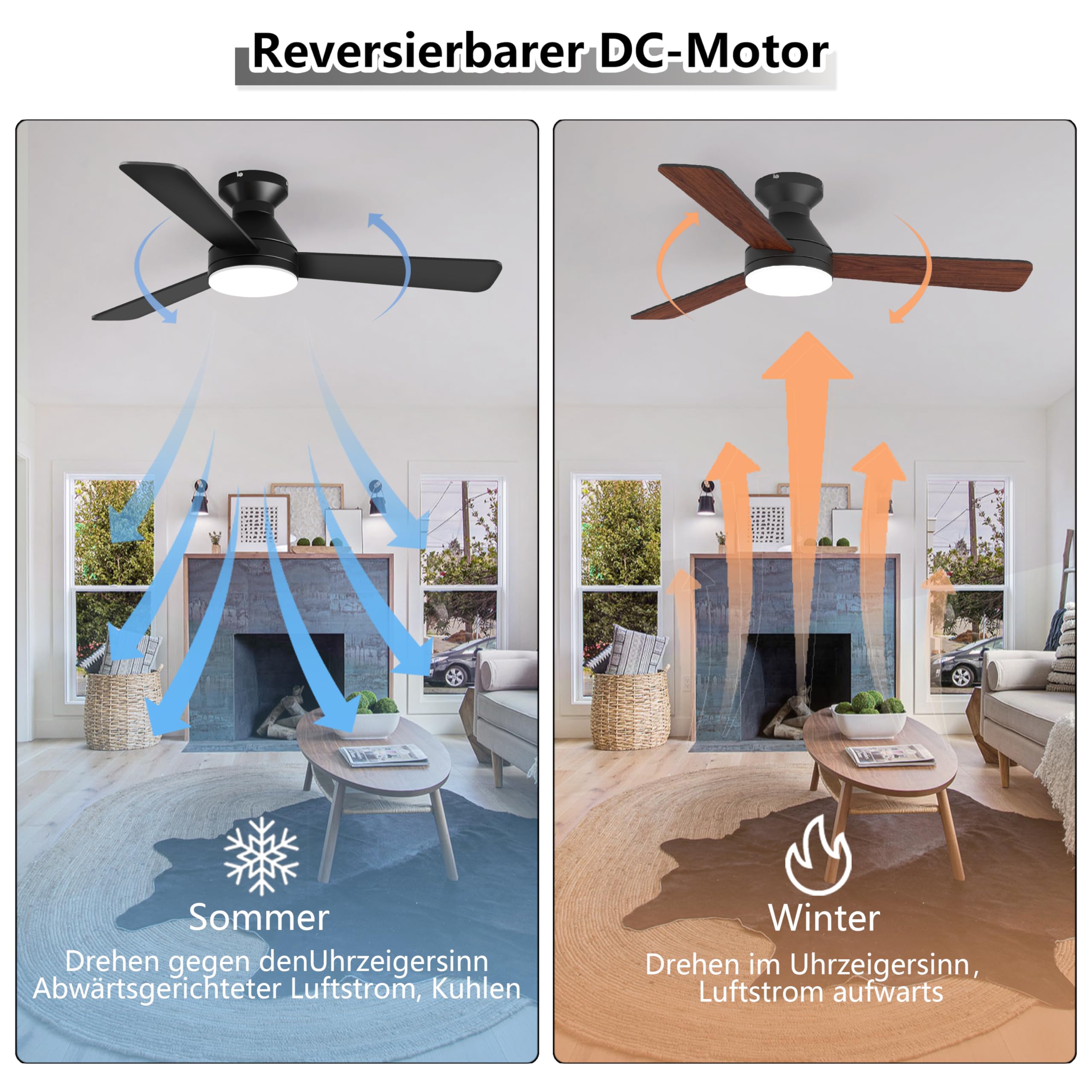 Deckenventilator mit Beleuchtung und Fernbedienung 107cm, Deckenventilator mit Licht Dimmbare LED, 3 Flügel, 6 Stufen, Leiser DC-Motor, Wendeflügel für Schlafzimmer und Wohnzimmer, Schwarz