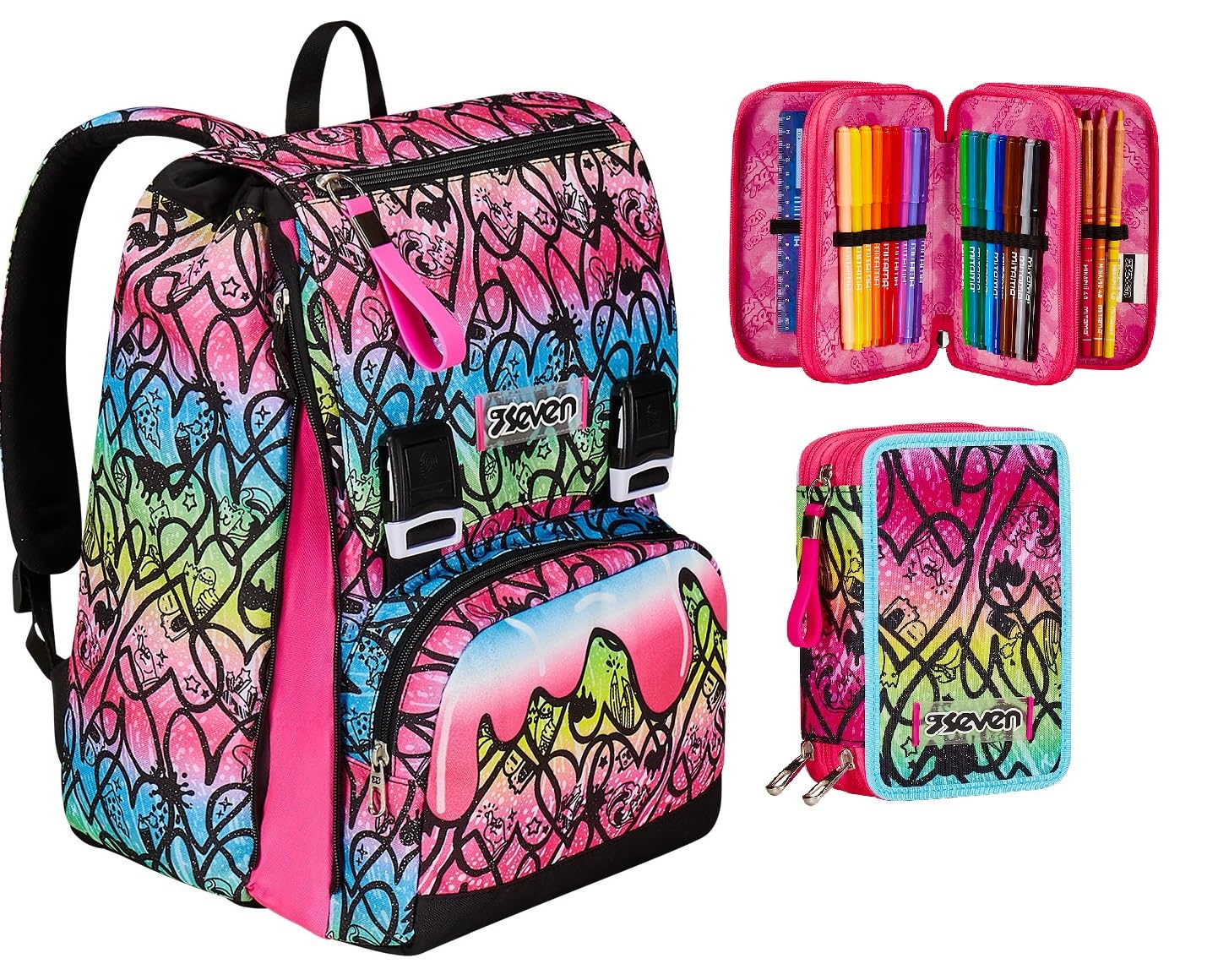 Seven Zaino Doppio Scomparto Estensibile JumpLove, Rosa, Maxi Capienza + Astuccio 3 Scomparti Rosa, Bambina e Ragazza