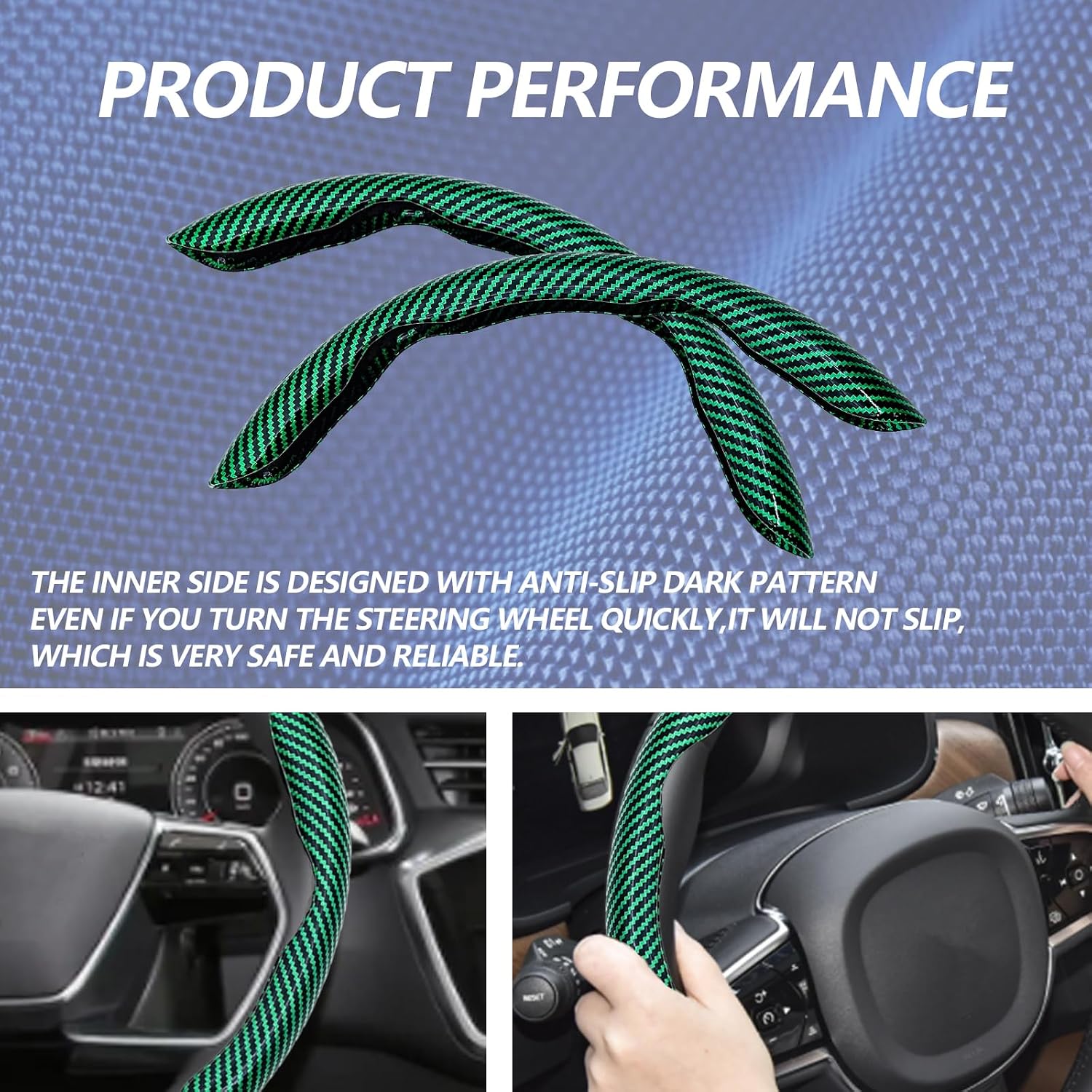 2pcs Universal Fit Carbon Fiber Steering Wheel Cover, Anti-Skid Steering Wheel Cover/Segmented Steering Wheel Protector/Car Interior Accessories (Bright Green)