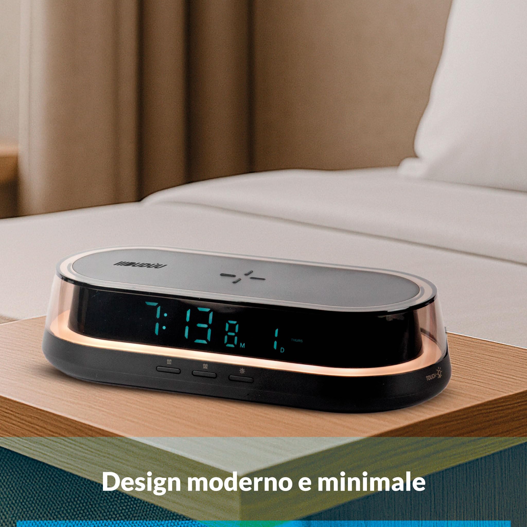Rainbow Stazione da Comodino Multifunzione con Lampada LED RGB, Orologio Digitale, Sveglia, Temperatura e Ricarica Wireless Qi 15W, Display LED USB-C (Nero)