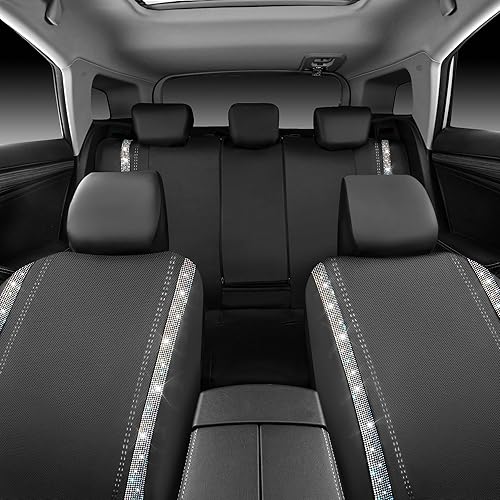 Miniatura 257 de CAR PASS Funda de asiento trasero de cuero y diamantes de imitación brillantes, impermeable, diseño de diamante brillante, ajuste universal, tiras