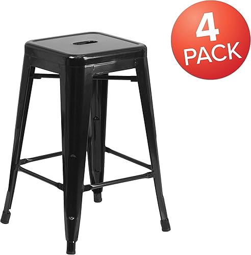 Miniatura 4 de Taburete de 24 pulgadas de alto para interior y exterior con asiento cuadrado., Metal, Negro
