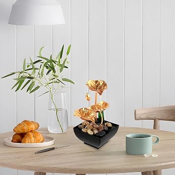 Tabletop Fountain, Small Indoor Waterfall with Rocks Relaxation, USB Powered Fountains Desktop Waterfall Decoration Mini Fountain Ornament for Table Office Bedroom DecorGolden 3 Leaf Lotus