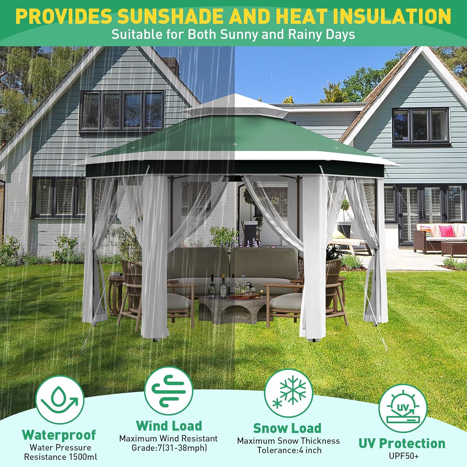 13'x13' Pop Up Gazebo Hexagonal Outdoor Canopy Tent with Mosquito Netting Dual Vent Roof Awning Waterproof, UV Resistant Height Adjustable for Backyard, Patio, Deck, Lawn Parties -Green (Beige&Green)