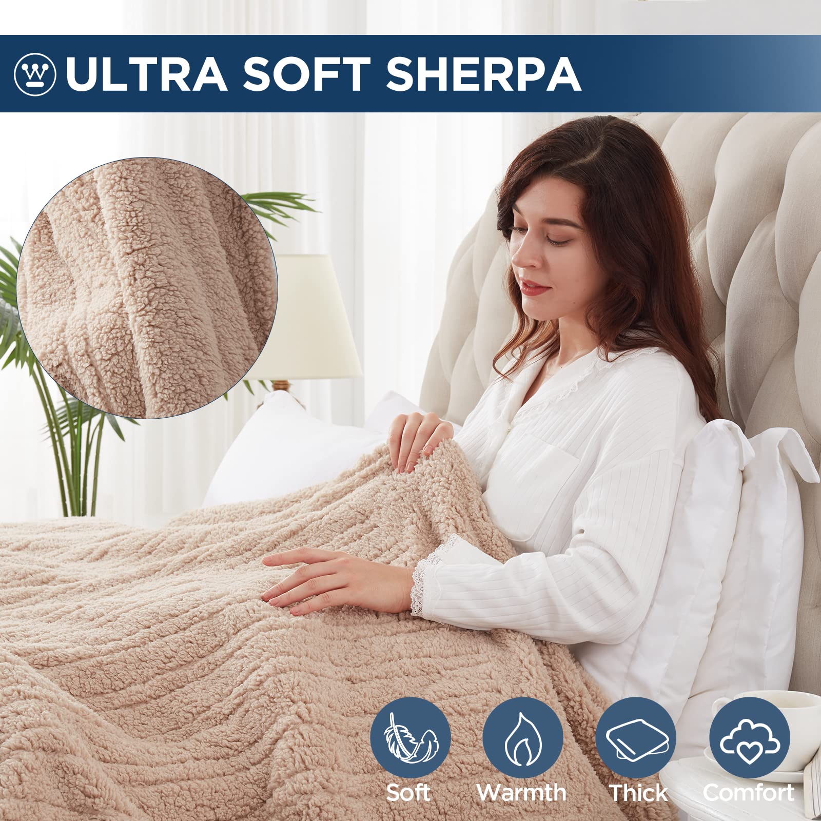 Westinghouse Electric Blanket Queen Size, Soft Plush Sherpa Heated Blanket with 10 Heating Levels & 1-12 Hours Auto-Off, Machine Washable, 84x90 inches, Camel