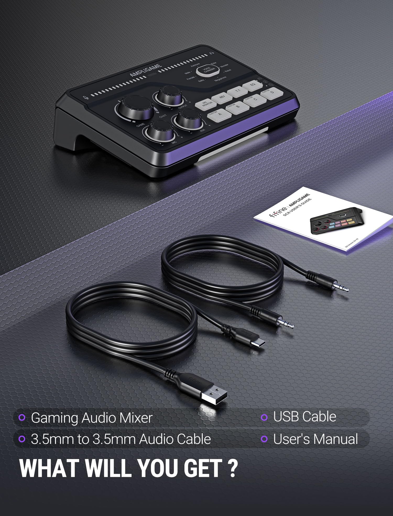 Fifine Gaming Audio Mixer for 7.1ch Surround Sound Headphone Amp-Volume Control-Voice Chat and Streaming-XLR Mic Preamp-USB Plug&Play-Voice Changer-RGB-3 EQ Modes Ampligame SC8