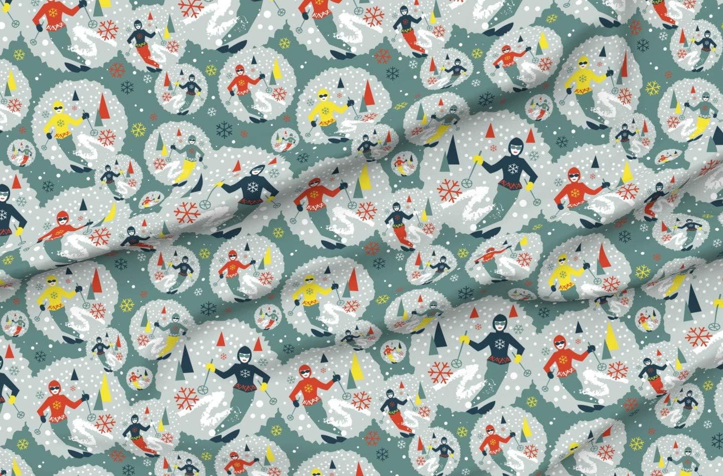 Spoonflower Fabric - Retro Vintage Ski Skiing Winter Snow Sport Mountain Printed on Organic Cotton Sateen Fabric by The Yard - Sewing Quilting Apparel Home Decor