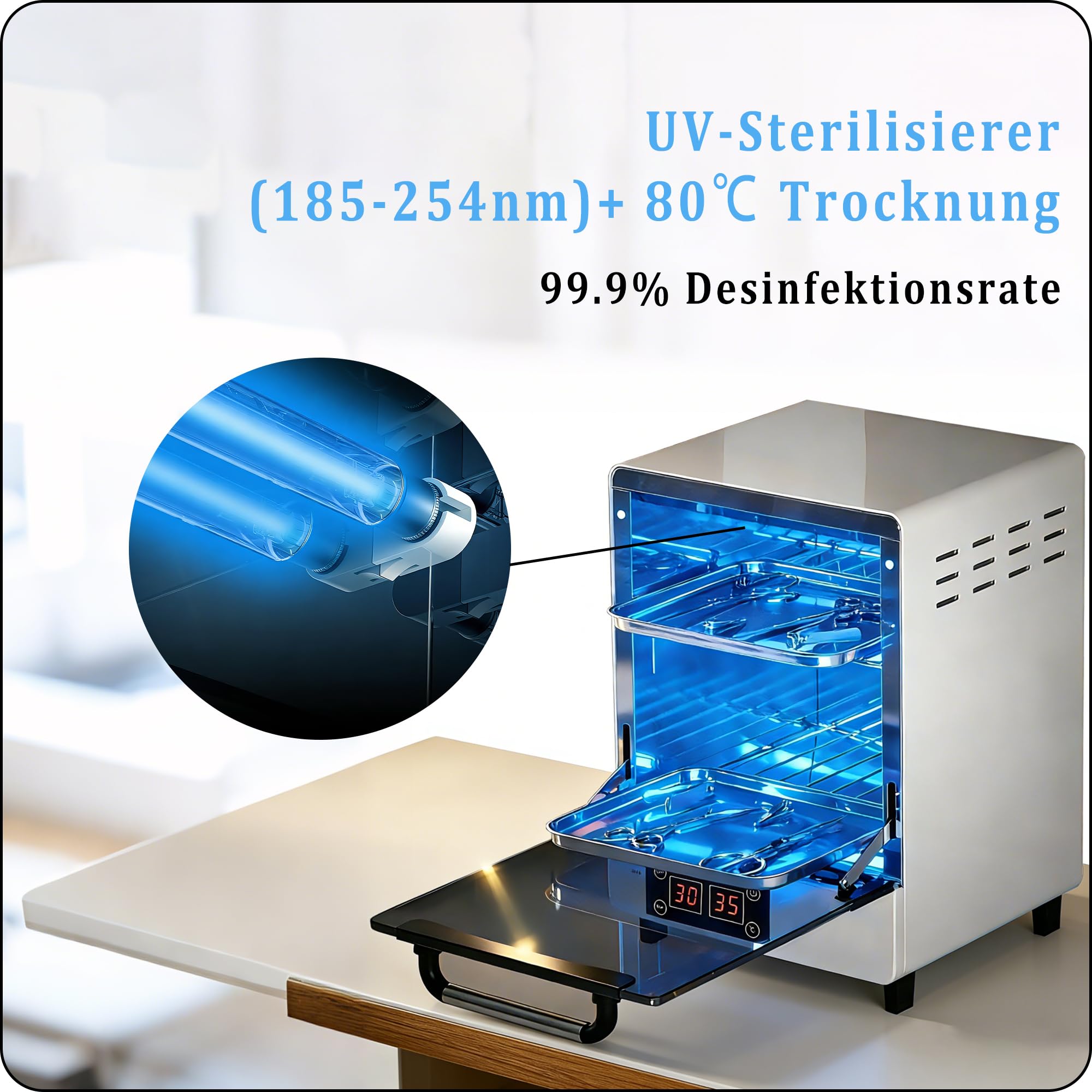 UV-C Nagelstudio Sterilisator & Trockner, UV-C 254nm + Heißlufttrocknung 45-80°C, 0-60Min Digital Timer, Edelstahl Desinfektionsschrank für Nagelzubehör, Friseur, Kosmetikstudio