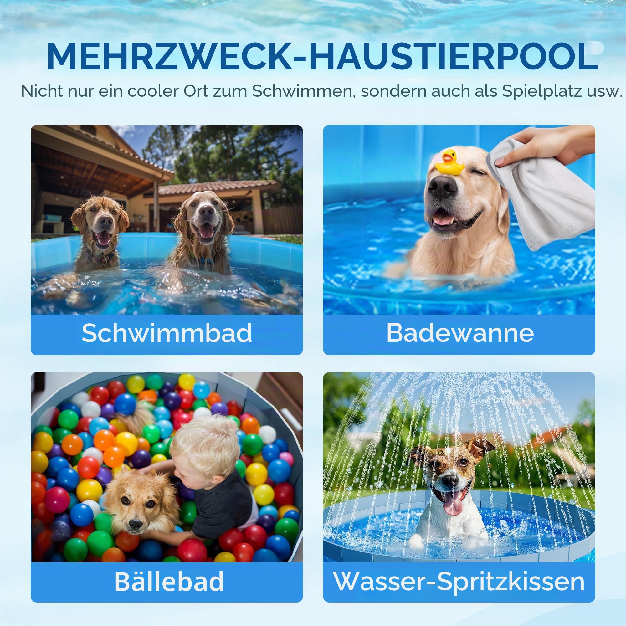 ALL FOR PAWS 120CM Großer Hundepool mit Sprinkler, 2-in-1 Klappbarer Hundeschwimm- und Spritzpool, Rutschfester Hartplastik-Splash-Pool für den Außenbereich, Garten, Hunde, Enten und Tierbäde