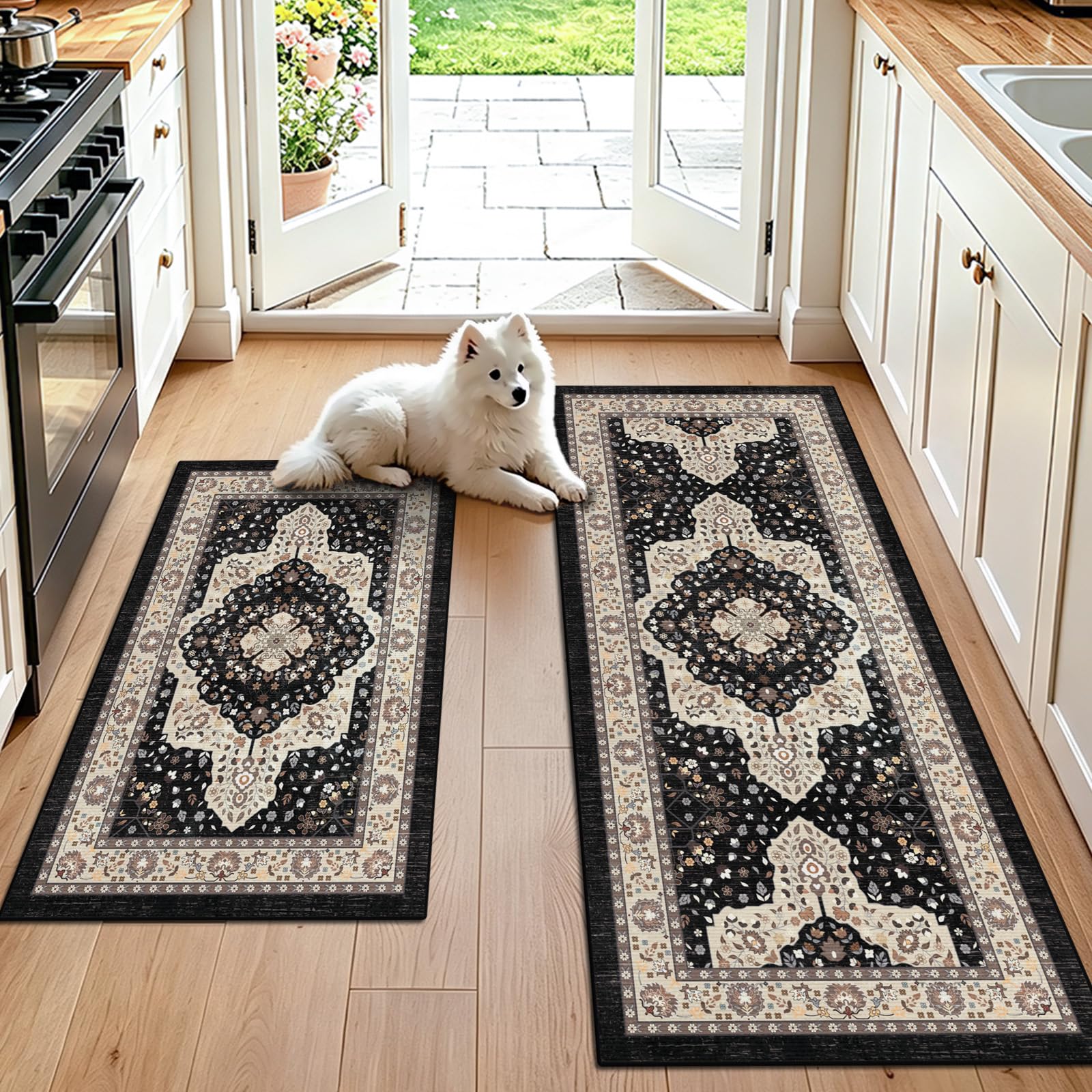 GEANUP Washable Kitchen Rug Set, 2 Piece Black White Boho Non-Slip Kitchen Floor Mats, Vintage Low Pile Runner Rug for Hallway, Stain Resistant Carpet for Entrance Bathroom Laundry (50x80cm+50x120cm)