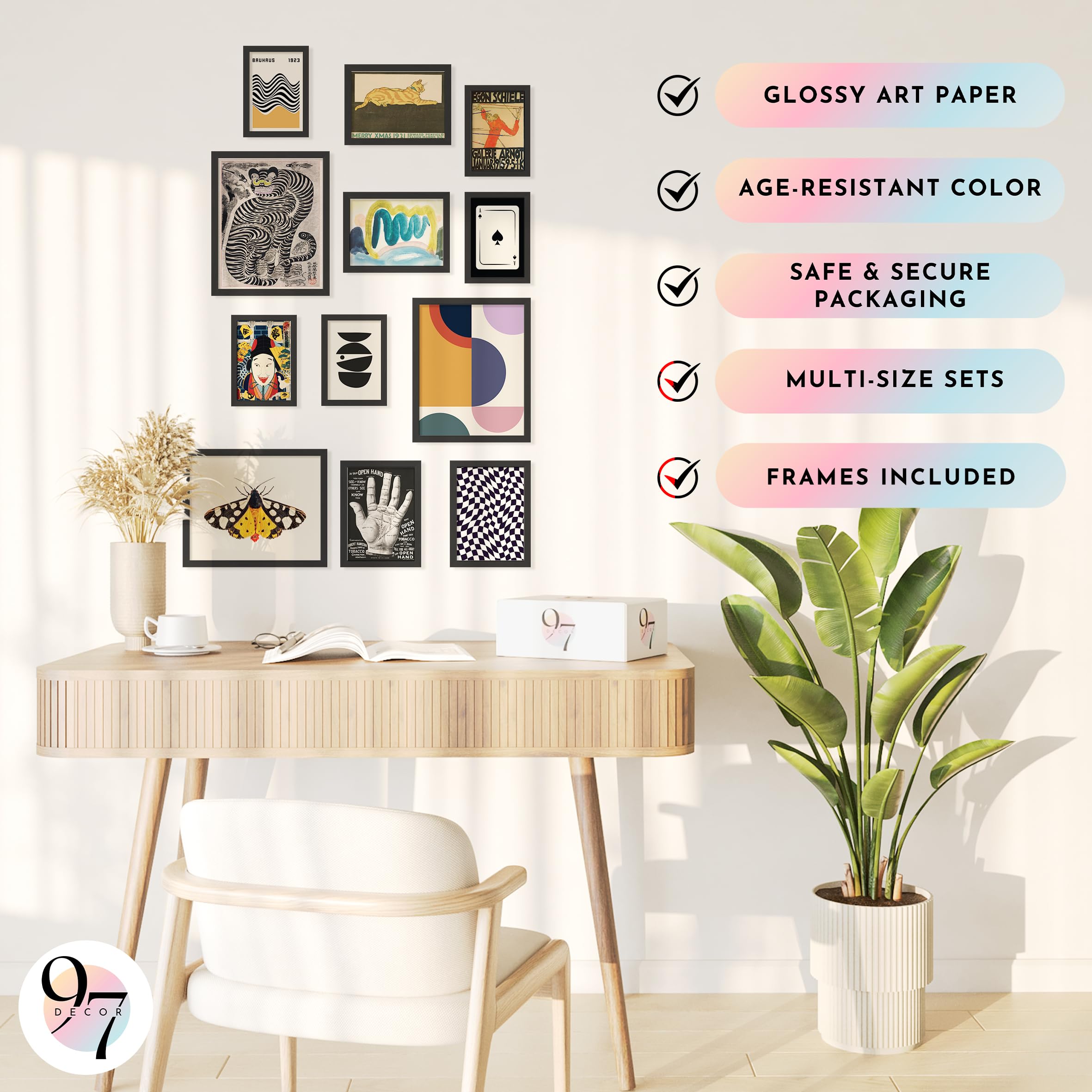97 Decor Vintage Eclectic Wall Art Collage - Abstract Modern Art Prints For Wall Decor, Cool Funky Pictures Maximalist Paintings Retro Bauhaus Posters Set For Dorm Bedroom Home Decorations (Unframed): FRAMED Eclectic Folk Art