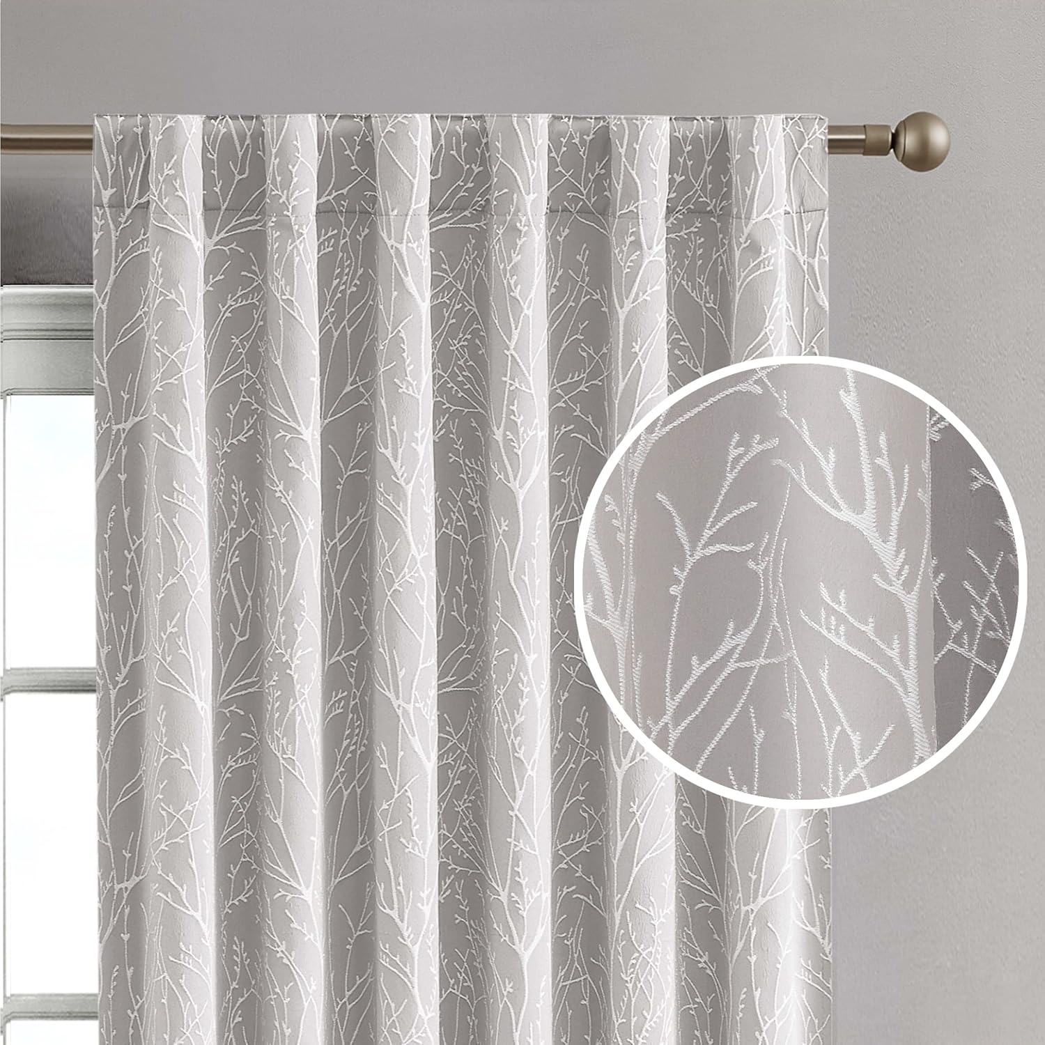 Creative Home Ideas Blackout Curtains (2 Panels, 50" x 108", Warm Grey) Room Darkening Thermal Insulated Curtains with 2 Tiebacks - Collins Window Curtains for Bedroom, Living Room - Branch Pattern Warm Grey 50" x 108" Pair