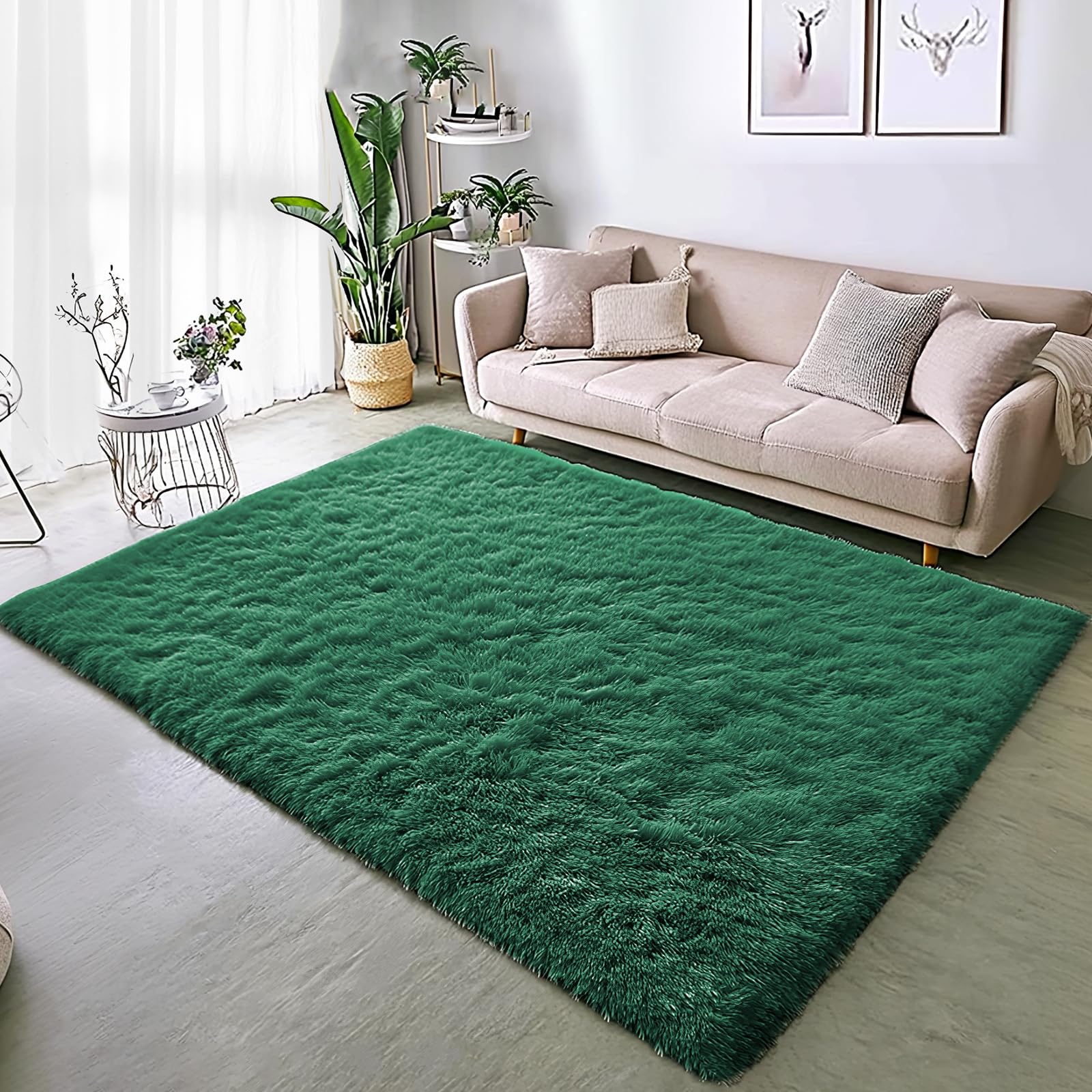 BSGIFT Alfombra mullida de pelo largo, color verde, 200 x 300 cm, antideslizante, para salón, dormitorio, habitación infantil, moderna alfombra de salón, alfombra de cama, color verde oscuro