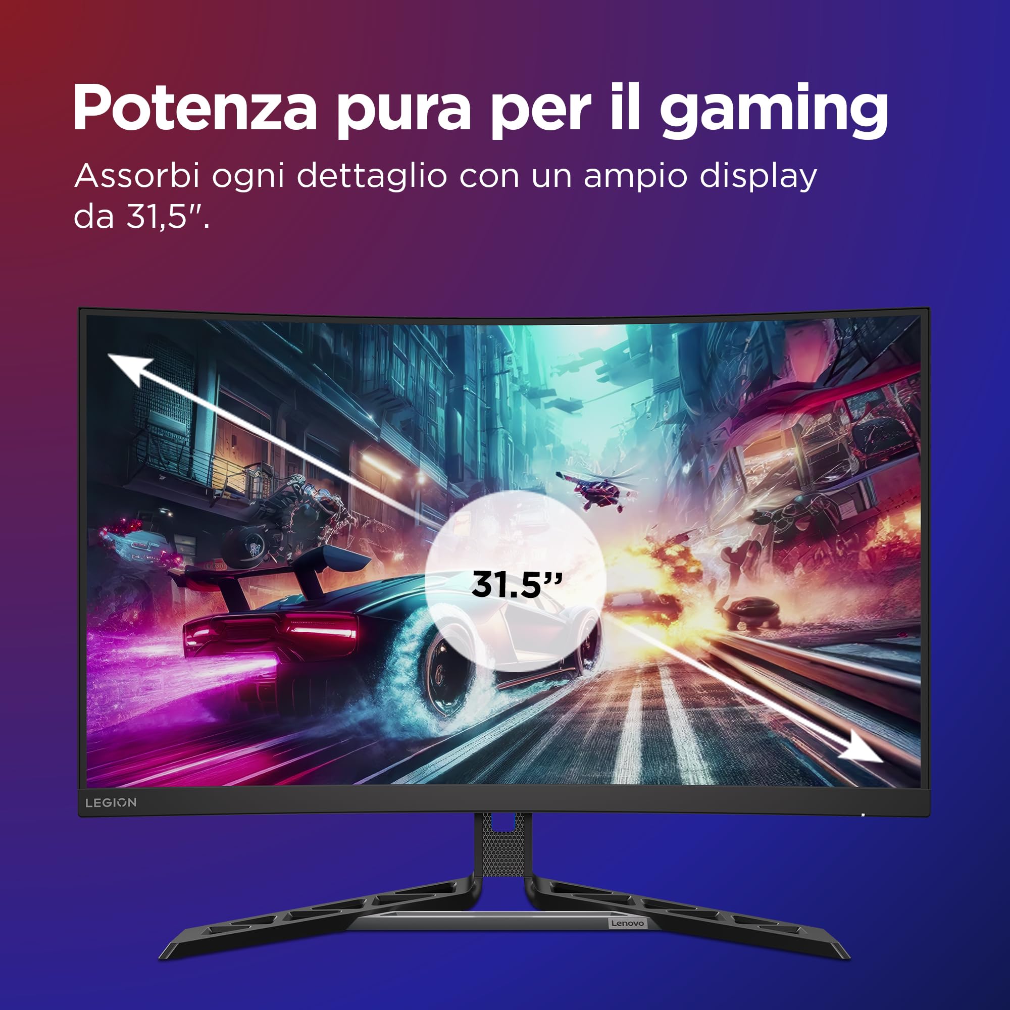 Lenovo Legion R32qc-30 Monitor Gaming Curvo 31.5" QHD (2560x1440), VA, 0.5ms, 180Hz, Altoparlanti, Regolabile, AMD FreeSync, HDMI 2.1 + DP
