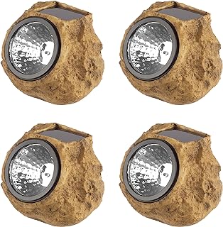 Pure Garden Solar-Powered Rock Outdoor Lights - All-Weather Faux-Stone L...