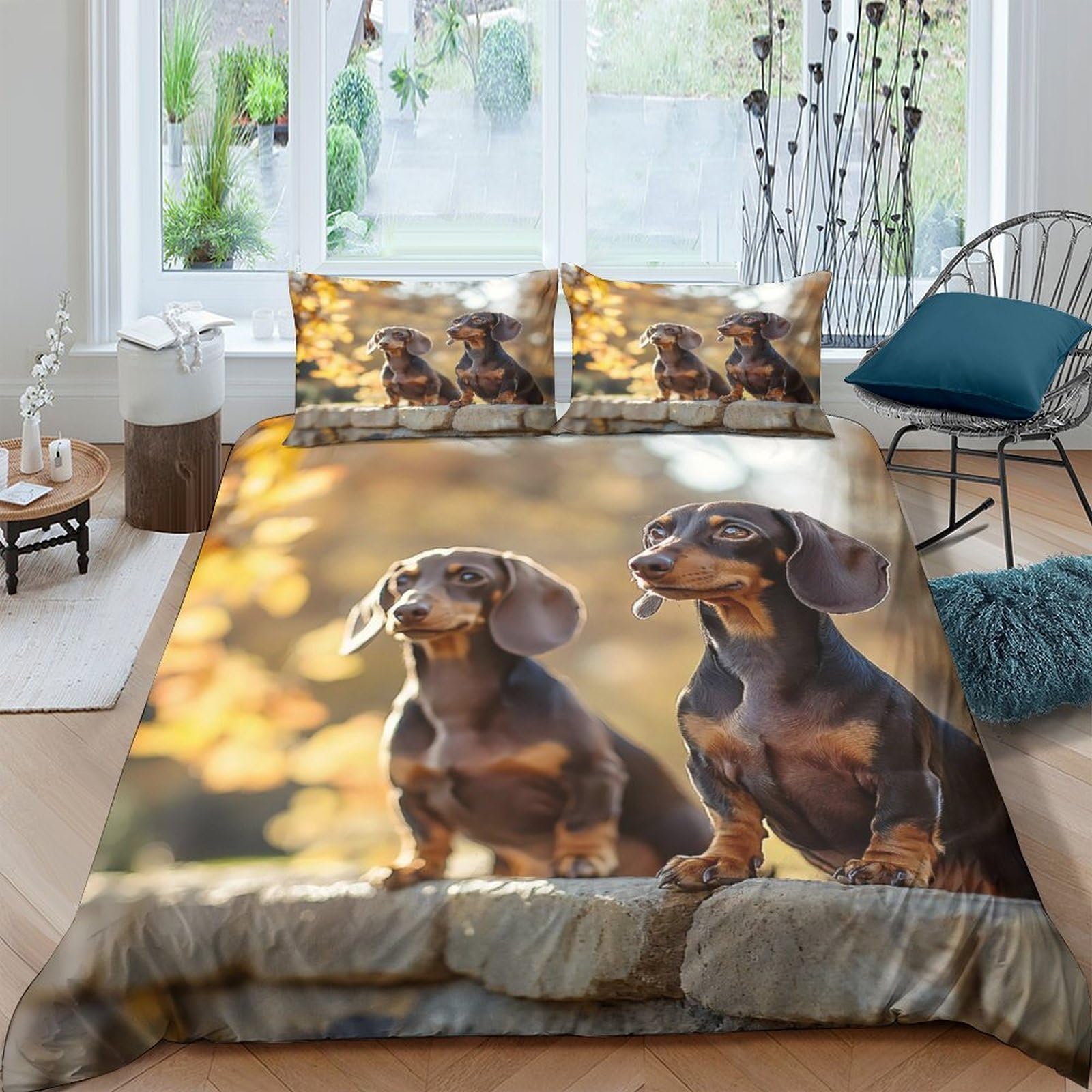 GPLZQXKJNH 3D Printed Dachshund Dog Duvet Cover Set Microfiber Soft Breathable Autumn Forest Bedding Set with 2 Pillowcases for Bedroom Decor Single（135x200cm）