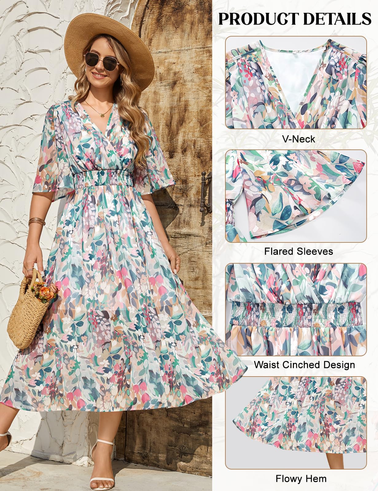 Abiti Donna Estivi Vestiti Manica Corta Vestito Lungo Elegante Scollo a V Boho Stampa Floreale Elastico a Vita Alta Abito da Mare Spiaggia Casual Cocktail Party