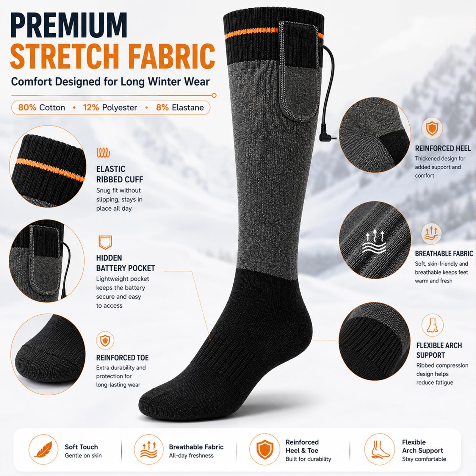 Chaussettes chauffantes rechargeables pour homme et femme - Batterie 5 V 6000 mAh - Chaussettes chauffantes électriques avec 3 niveaux de chaleur - Zone complète des pieds - Chaussettes thermiques