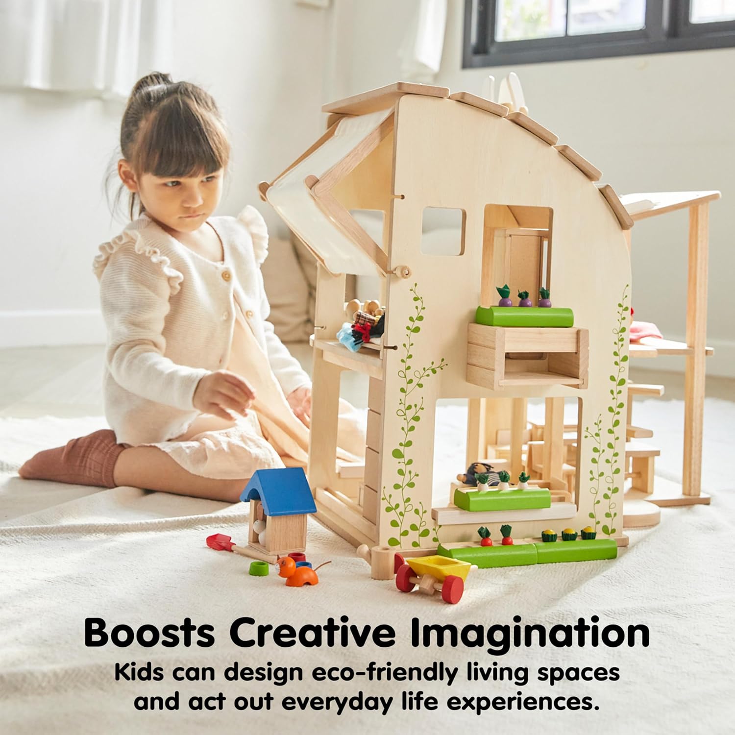 PlanToys® Green Wooden Dollhouse with Furniture | Eco Friendly Doll House with Solar Panel, Wind Turbine & Recycling System | Pretend Play Dollhouse for Sustainable Living Role Play