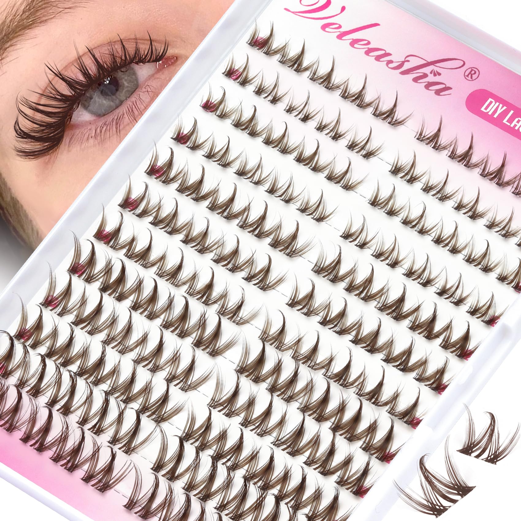 Veleasha Wimpern Cluster Braun Manga Lash Clusters Spiky Einzel Wimpern 120Stück D Curl 8-16MM Wimpernerweiterungen mit Transparentem Band für DIY zu Hause (Manga01)