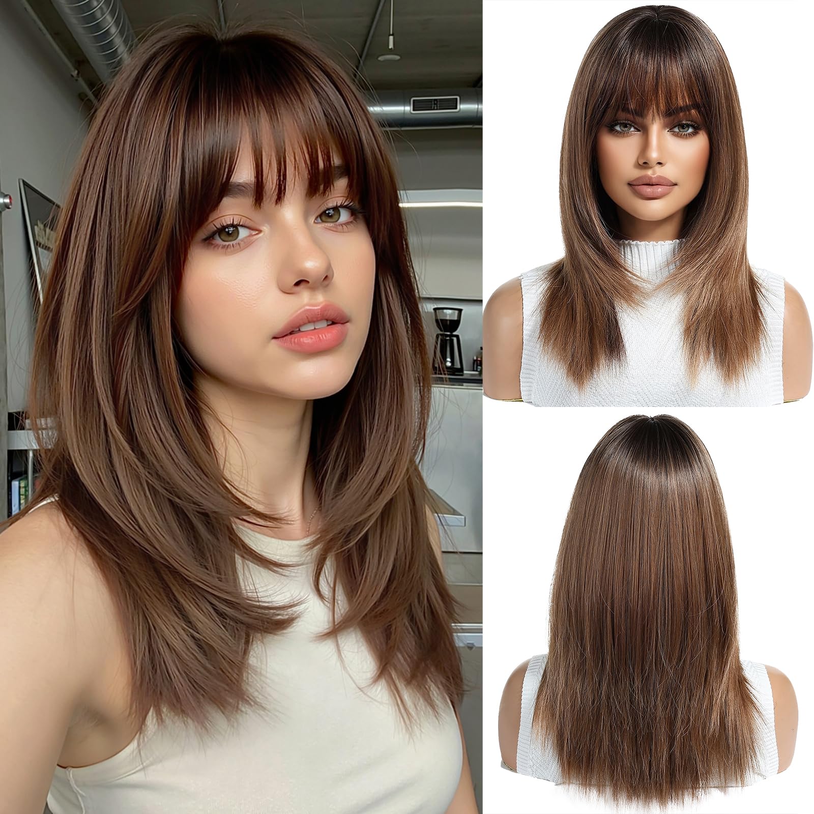 Ombre Brown Parrucche per Le Donne Di Media Lunghezza Lunga Parrucca Dritta con Frangetta Capelli Sintetici Parrucche Resistenti Al Calore per Tutti i Giorni Cosplay Partito Indossare
