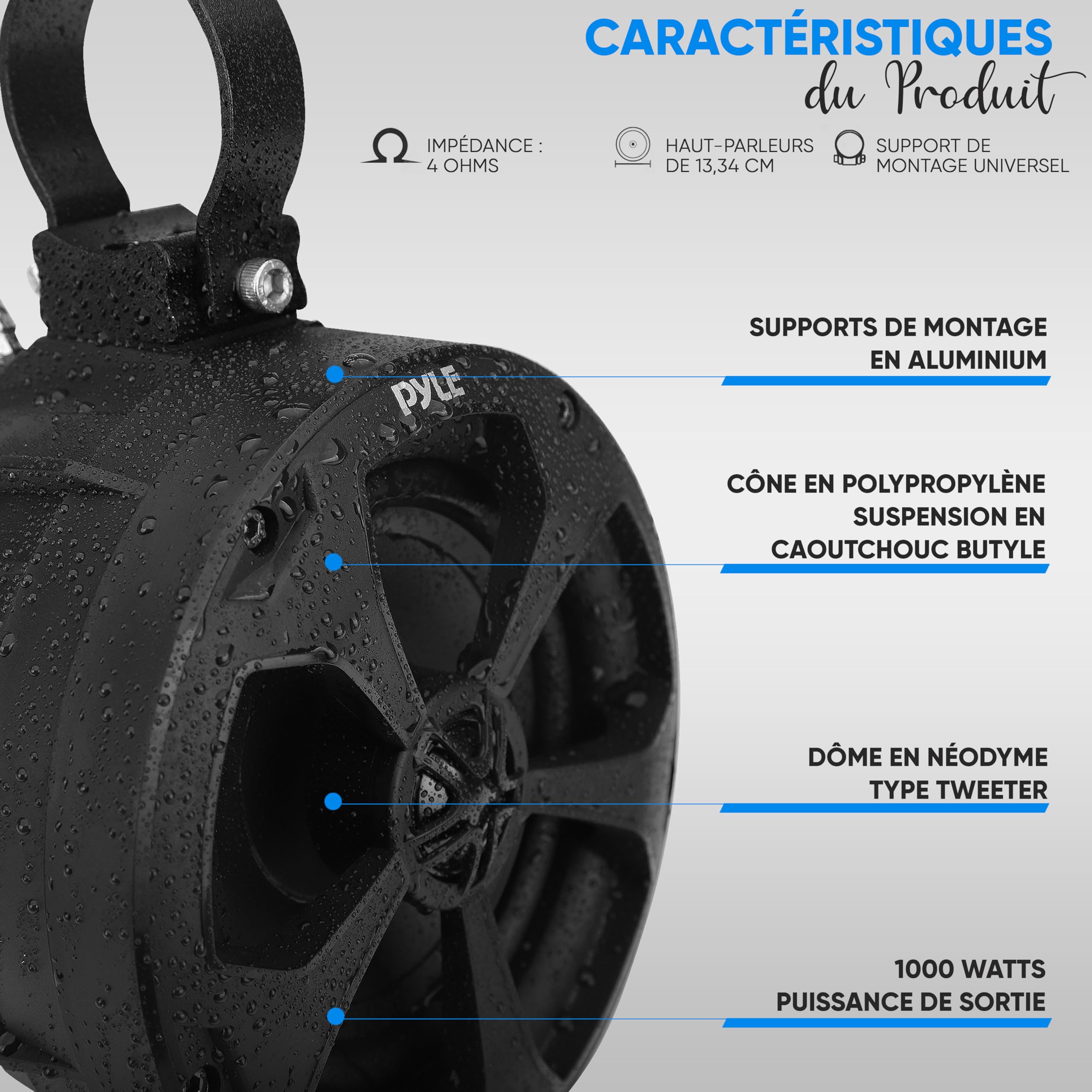 Pyle Haut-Parleurs Tout-Terrain Étanches 2 Voies 10,2 cm – Système Audio Marine 800 W avec Bluetooth, Lumières RGB et Télécommande – Enceintes Tour Wakeboard Stéréo