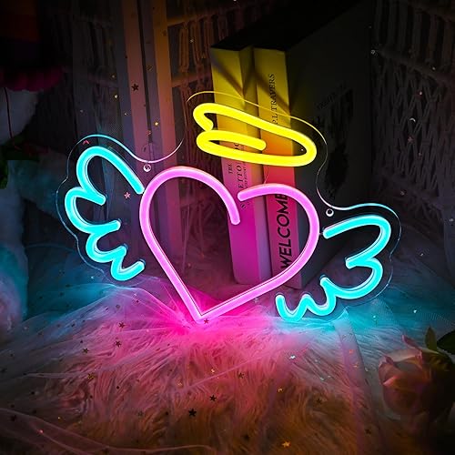 Letrero de neón de corazón con alas de ángel, azul hielo, rosa, amarillo, corazón de ángel iluminado para dormitorio de niñas, bonito letrero LED de