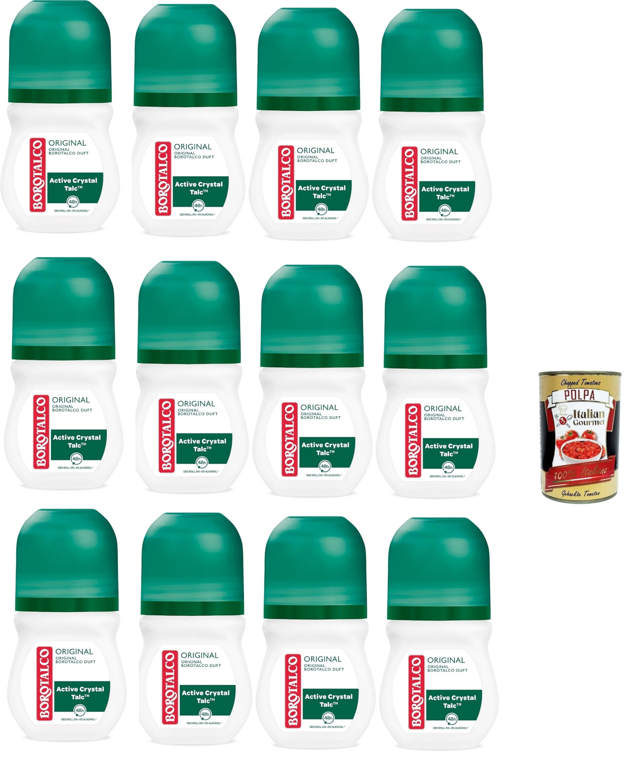 Italian Gourmet Original deodorante roll-on al talco per corpo 12 x 50ml | Ohne Alkohol, Schutz mit aktiven Kristallen, profumo pulito sulla pelle, Gesamtnettogewicht 600 ml + Kostenlos Polpa 400g