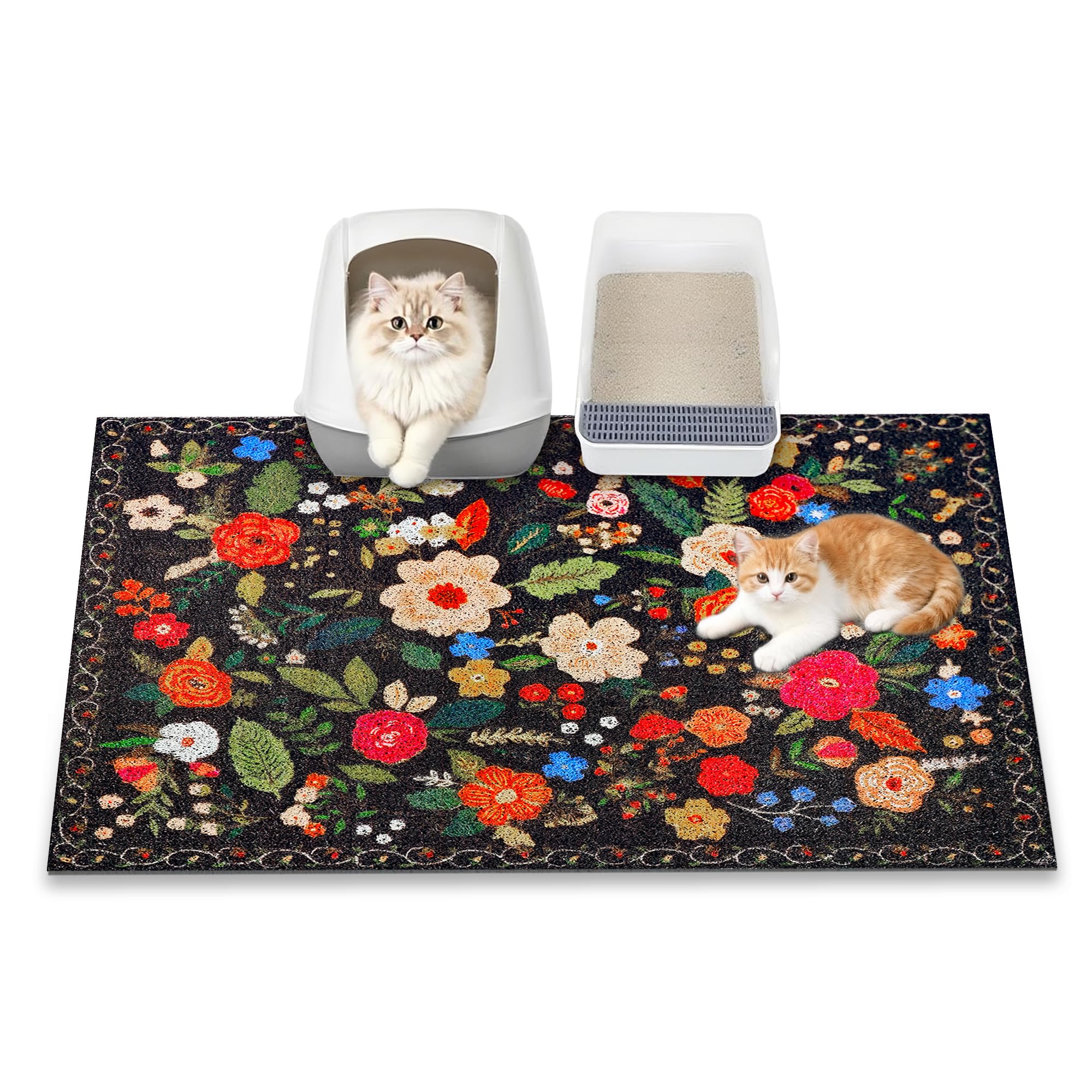 YOSEPATI Cat Litter Mat, 89 x 58cm litter box mat, Traps 100% Litter, Non-Slip kitty litter trapping mats, Large cute litter mat, Easy Clean for Scatter Control, Bohe cat food mat, Urine Waterproof