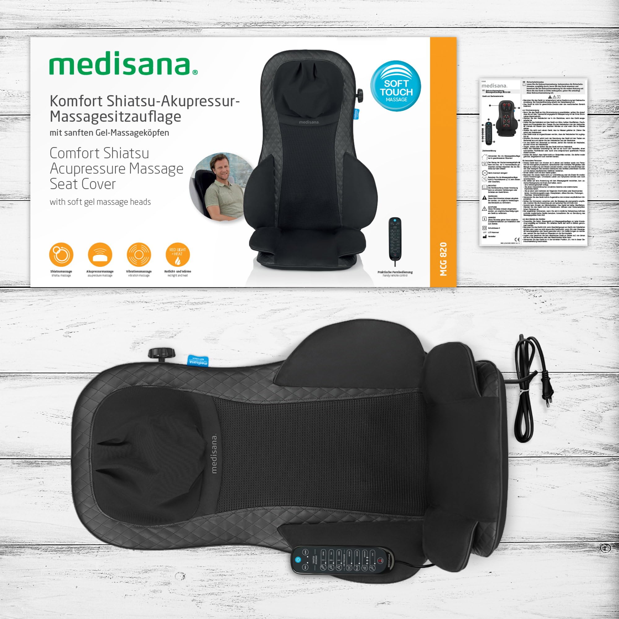medisana MCG 820 Shiatsu Massagesitzauflage mit Gel-Massageköpfen, Rückenmassage und Nackenmassage, Massagematte mit Wärmefunktion, 3 Intensitäten, Rückenmassagegerät mit Rotlichtfunktion