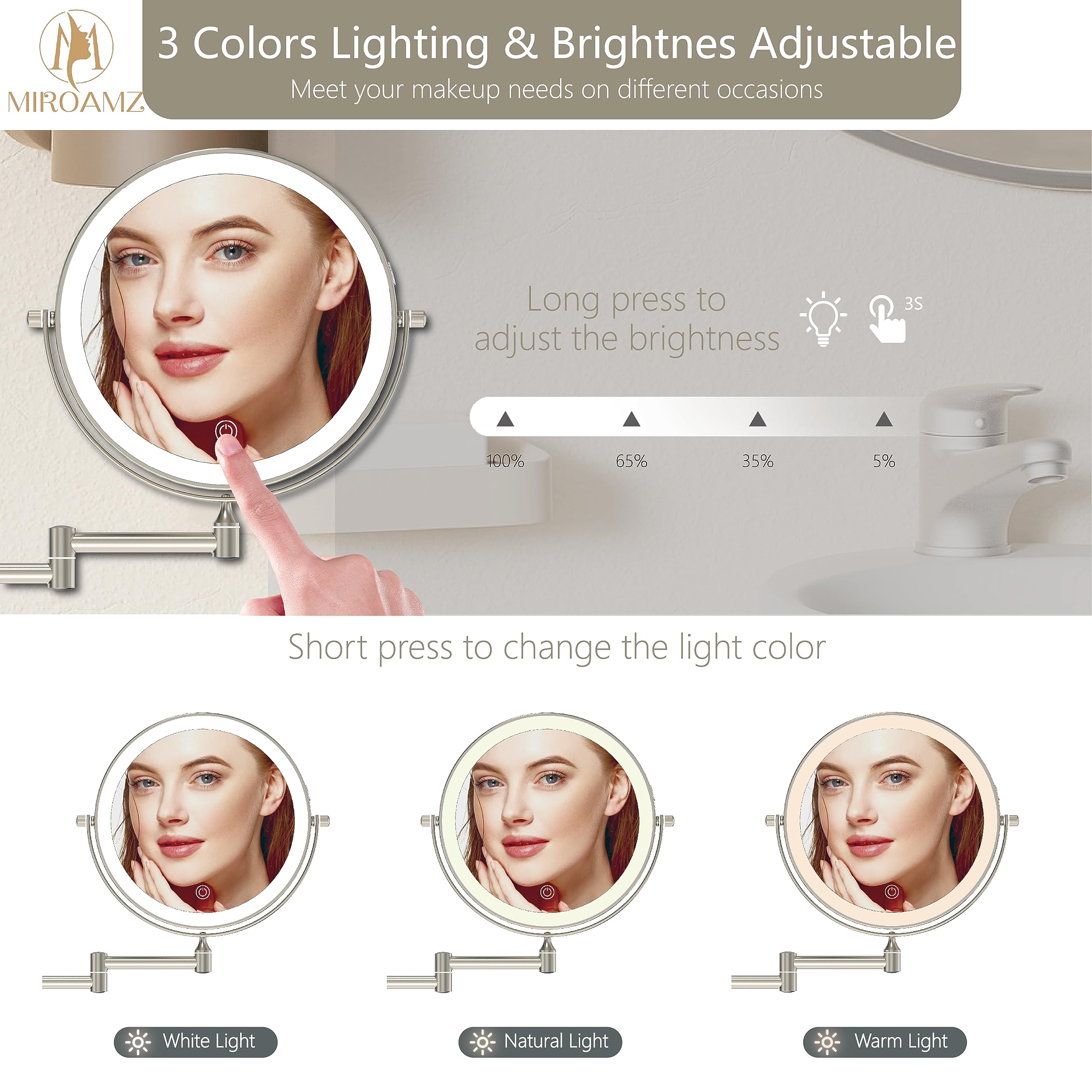 Espejo de cambiador de maquillaje recargable iluminado montado en la pared, 8 pulgadas, doble cara, 1 espejo de baño de 10 aumentos, iluminación de 3 colores, visualización táctil, rotación