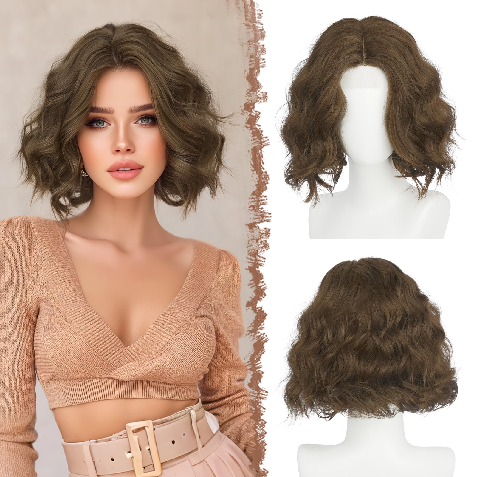 Photo 1 of FESHFEN Short Wavy Bob Wig - Chestnut Brown