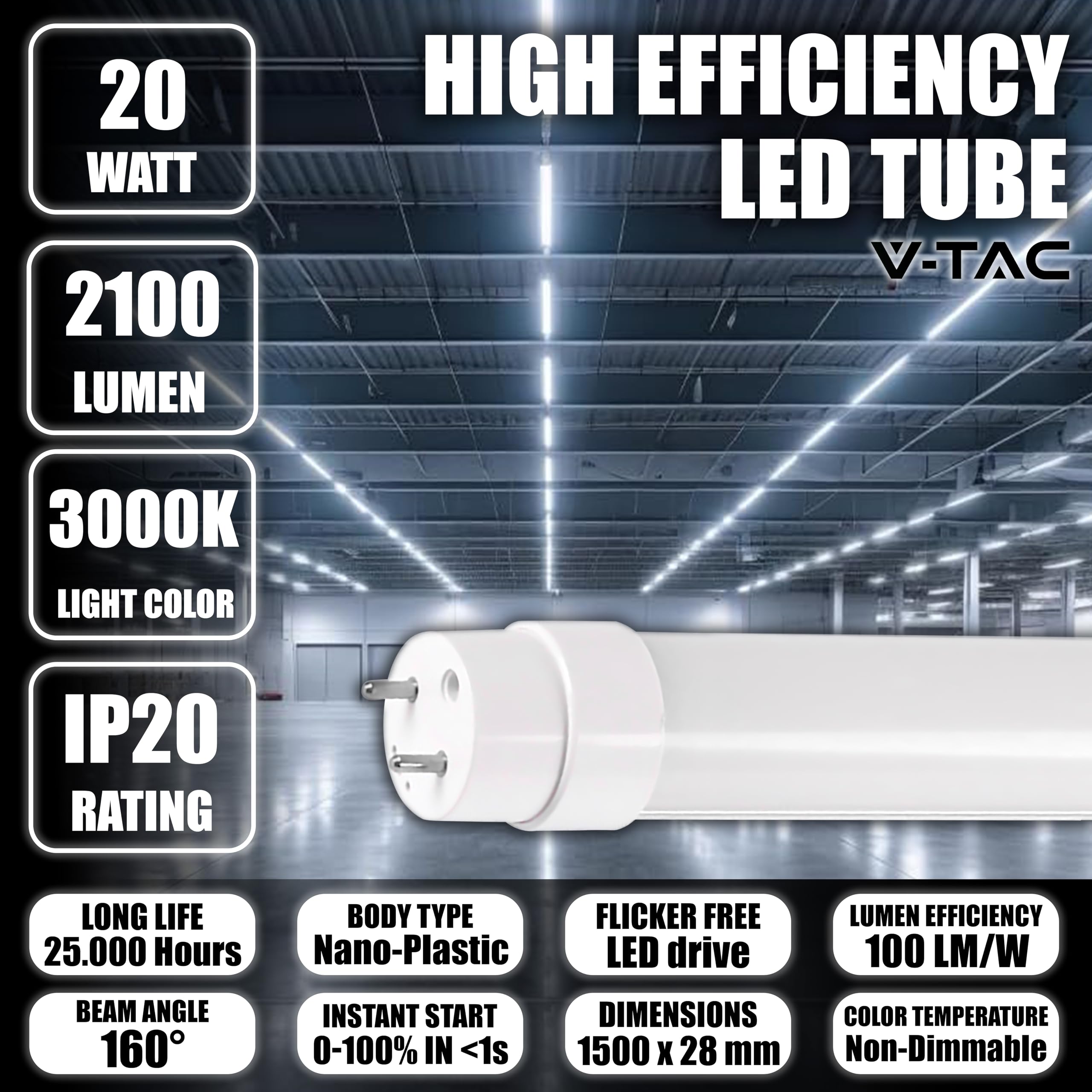 V-TAC 2x Tubo LED 150 CM - T8 G13-20W - 2100 Lúmenes - Chip Samsung - Tubos LED para Techo, Pared, garaje, Tienda - Tubo LED forma T8 - Sustitución de neón - Luz 3000K Blanco Cálido