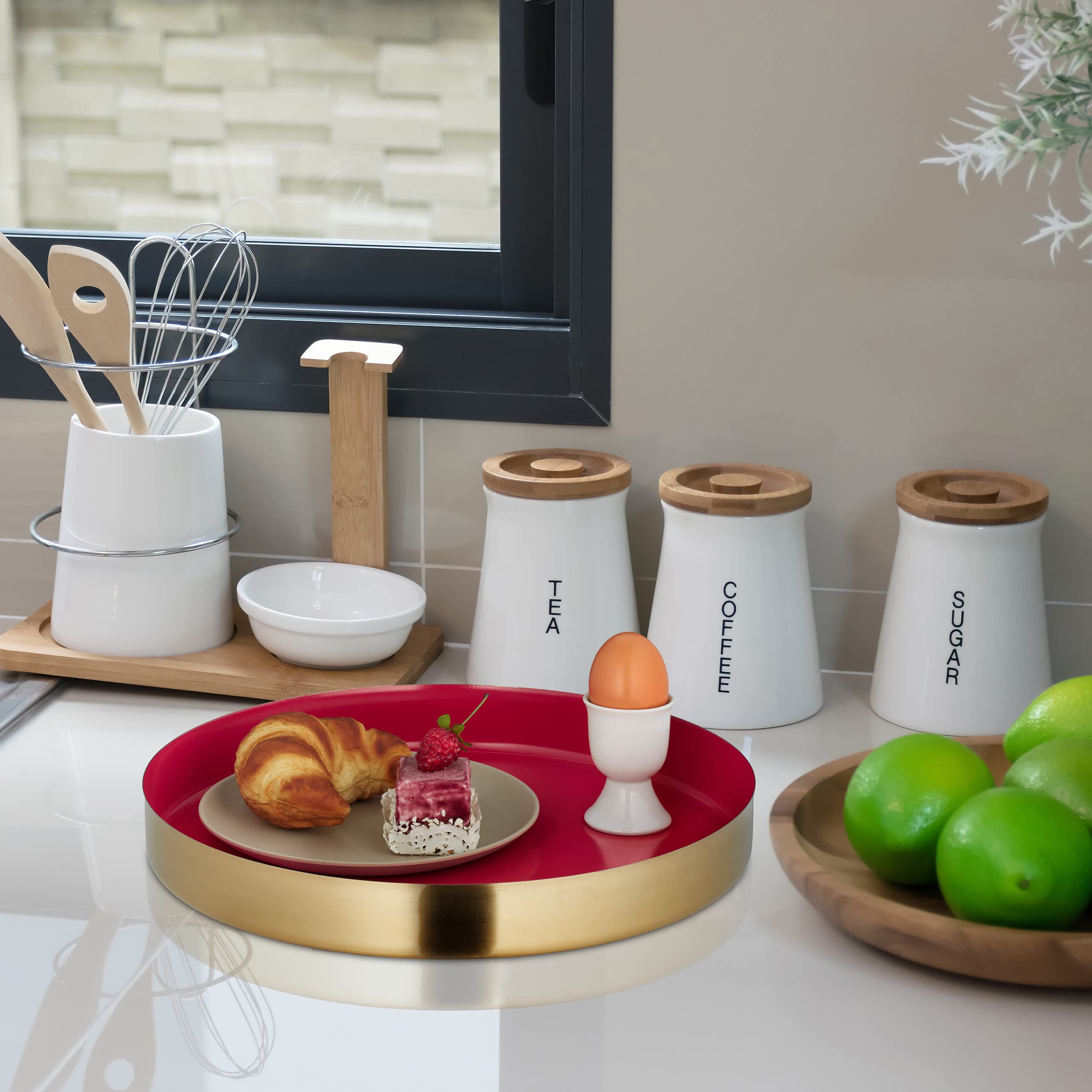 Relaxdays Plateau de Service, Design Rond, Bord surélevé, Petit-déjeuner au lit, Acier INOX, HD : 4 x 32 cm, Rouge/doré