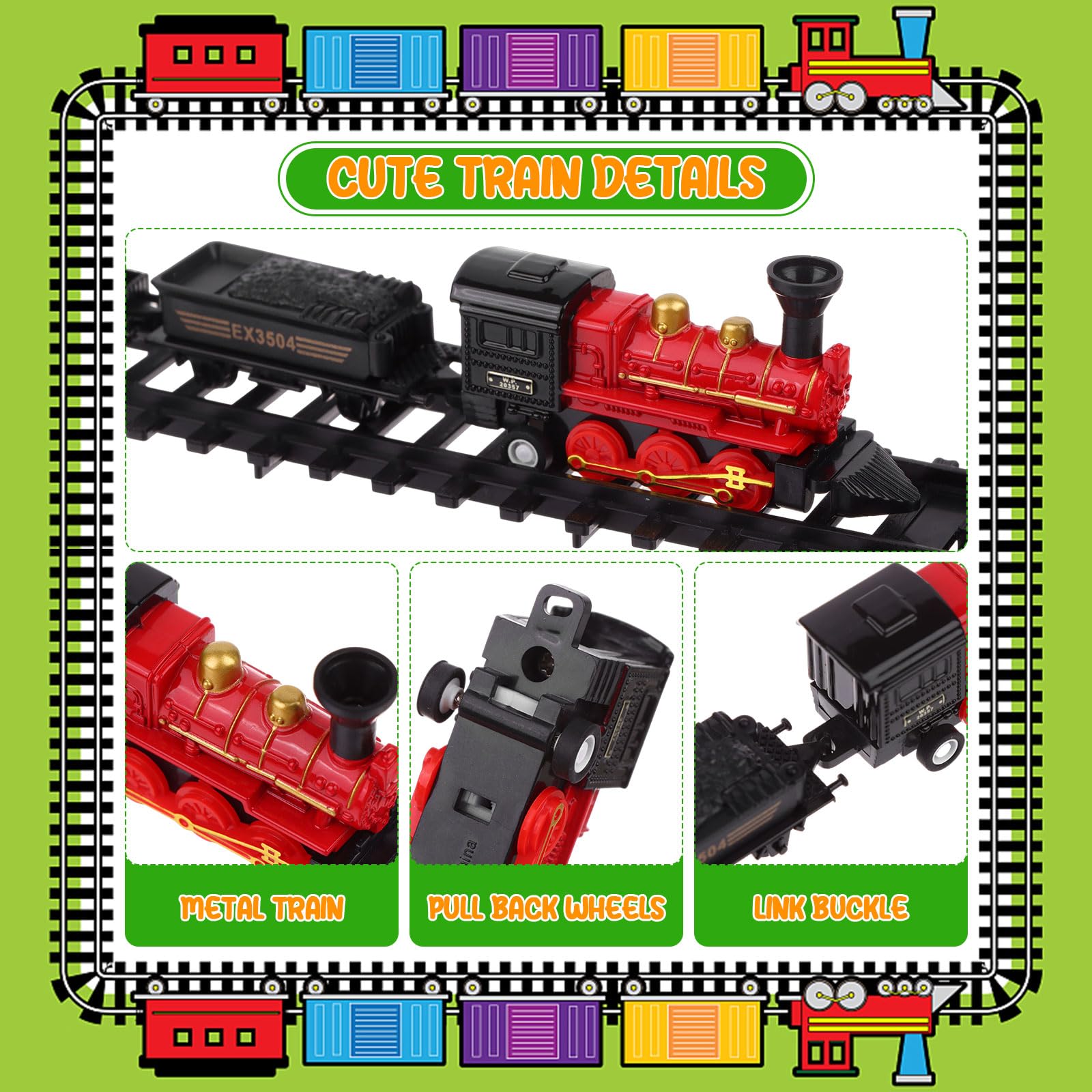 13 Pack Train Themed Cake Toppers Stand Up Train Pull-back Model Mini Train Toy Traffic Track Railway Lights Cake Decor with Green Tree Vintage Steam Engine Train Mix 8-12" Circle Cake Decorations - Image 3